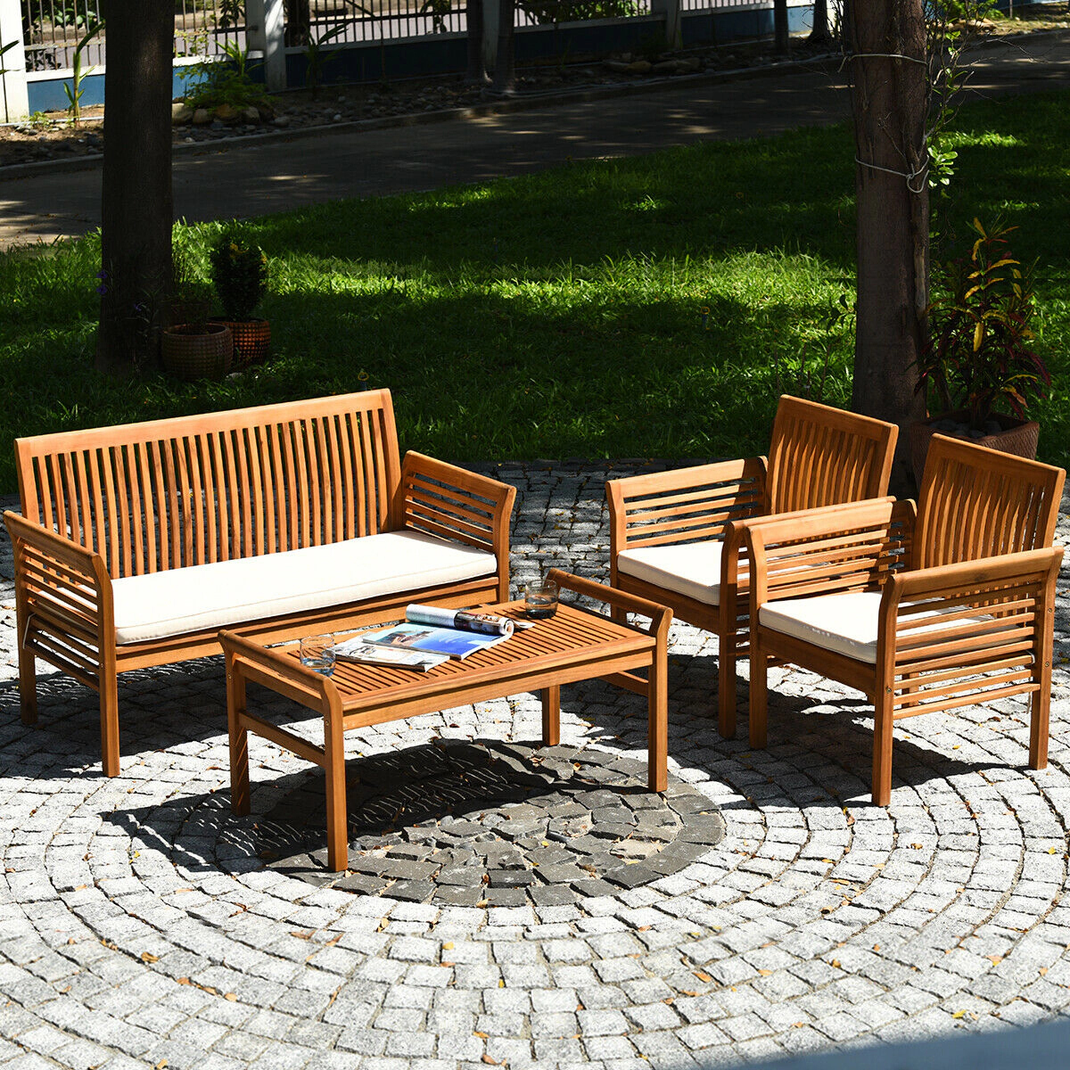 SUGIFT Natural Loveseat and Coffee Table 4-Piece Outdoor Acacia Wood Sofa Set
