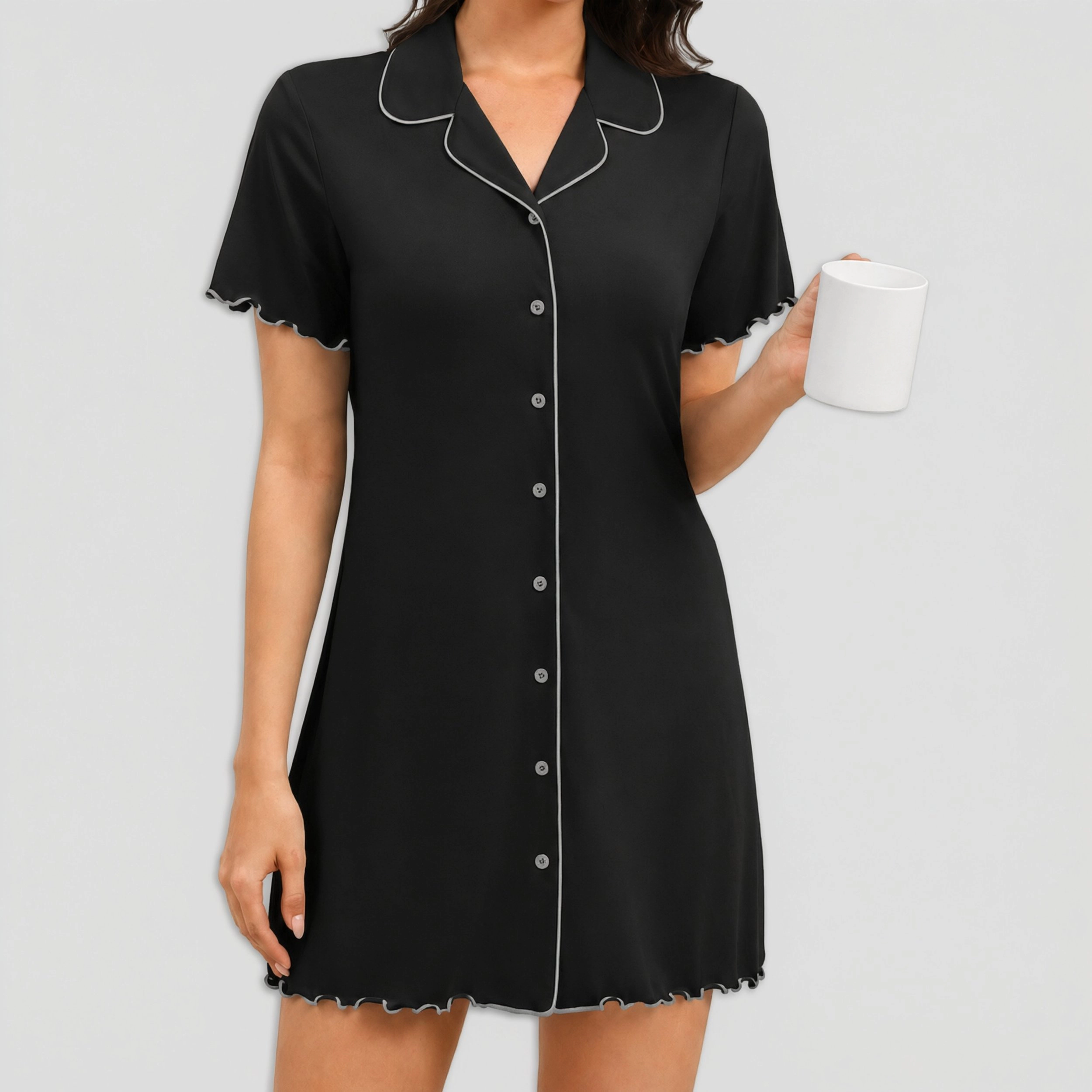 Ekouaer Women's Button Down Notch Collar Nightgown with Contrast Piping
