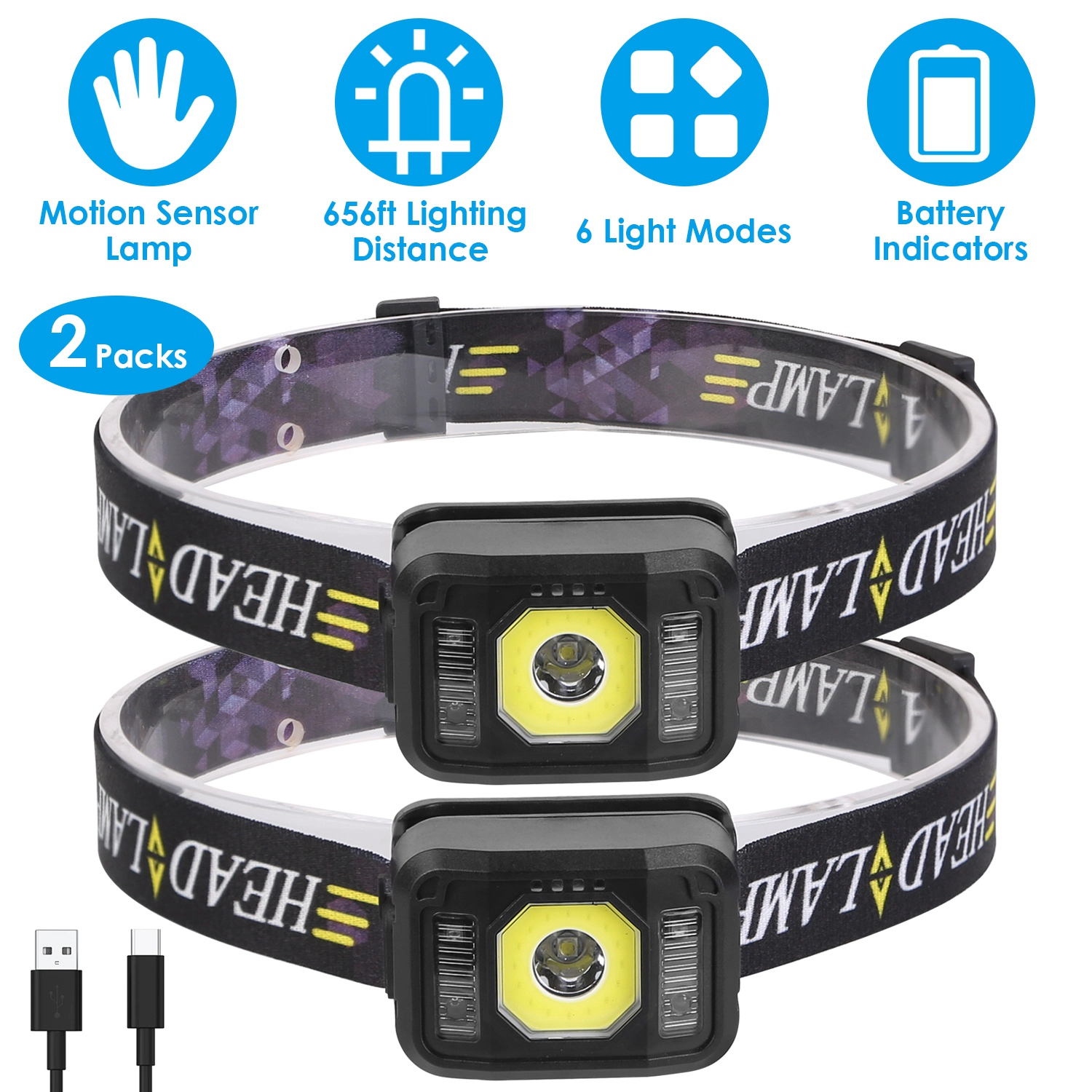 GBruno 2-Pack Motion Sensor Rechargeable Headlamp