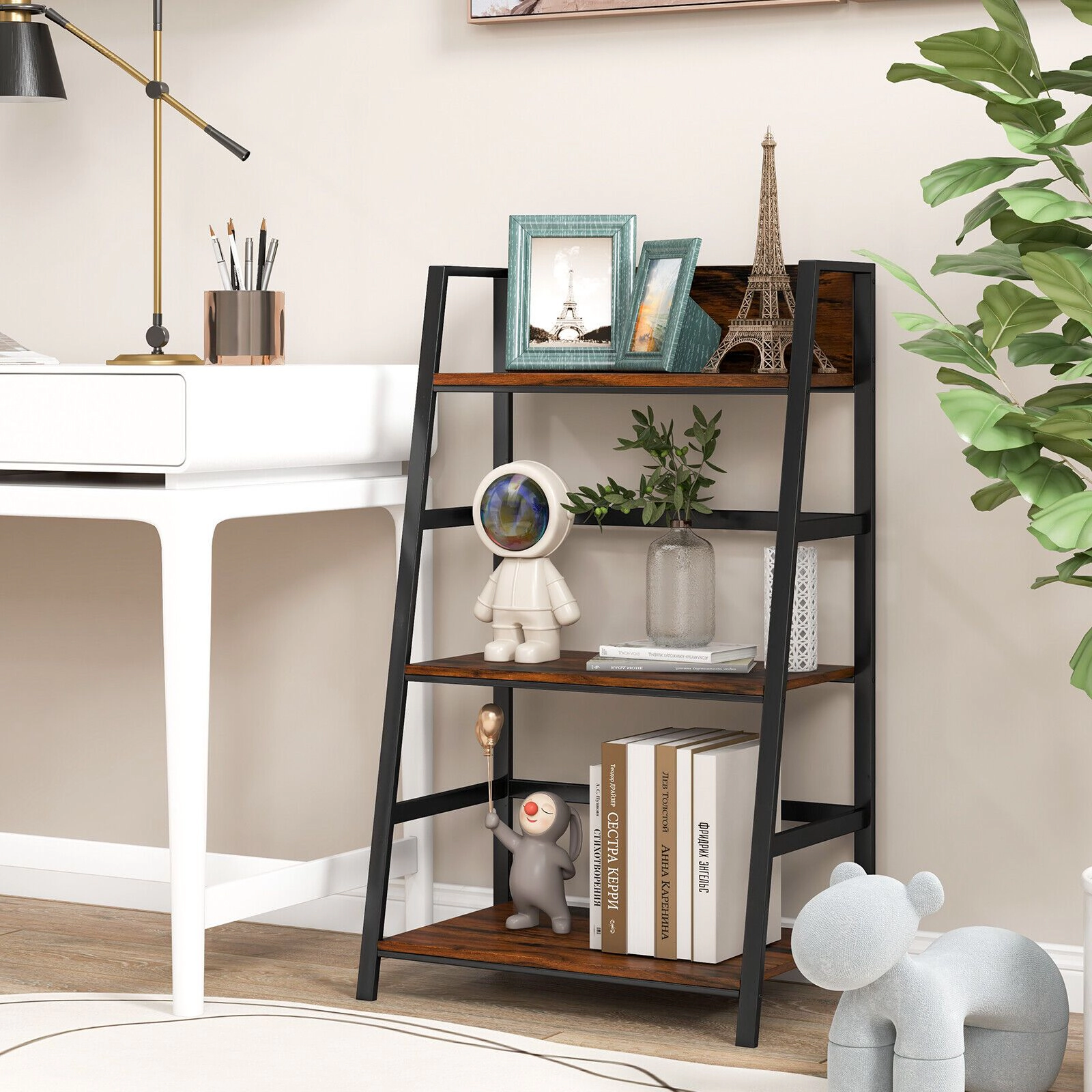 SlickBlue 3-Tier Ladder Shelf, Industrial Storage Bookshelf