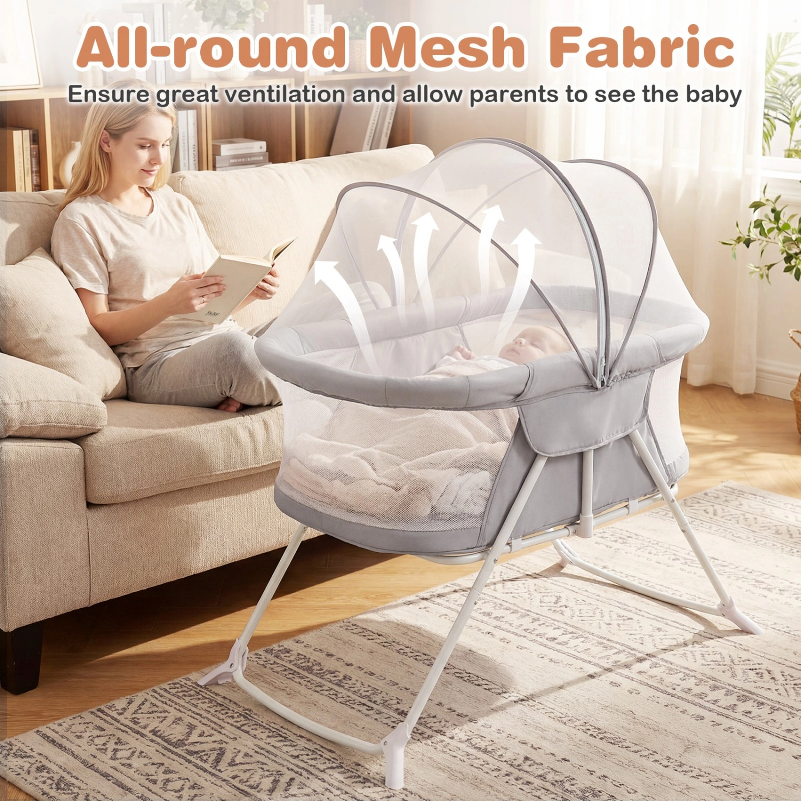 SUGIFT 2-in-1 Rocking & Stationary Bassinet Foldable Bedside Sleeper 66-lb Capacity Ages 0-5 Months Black/Gray/Beige