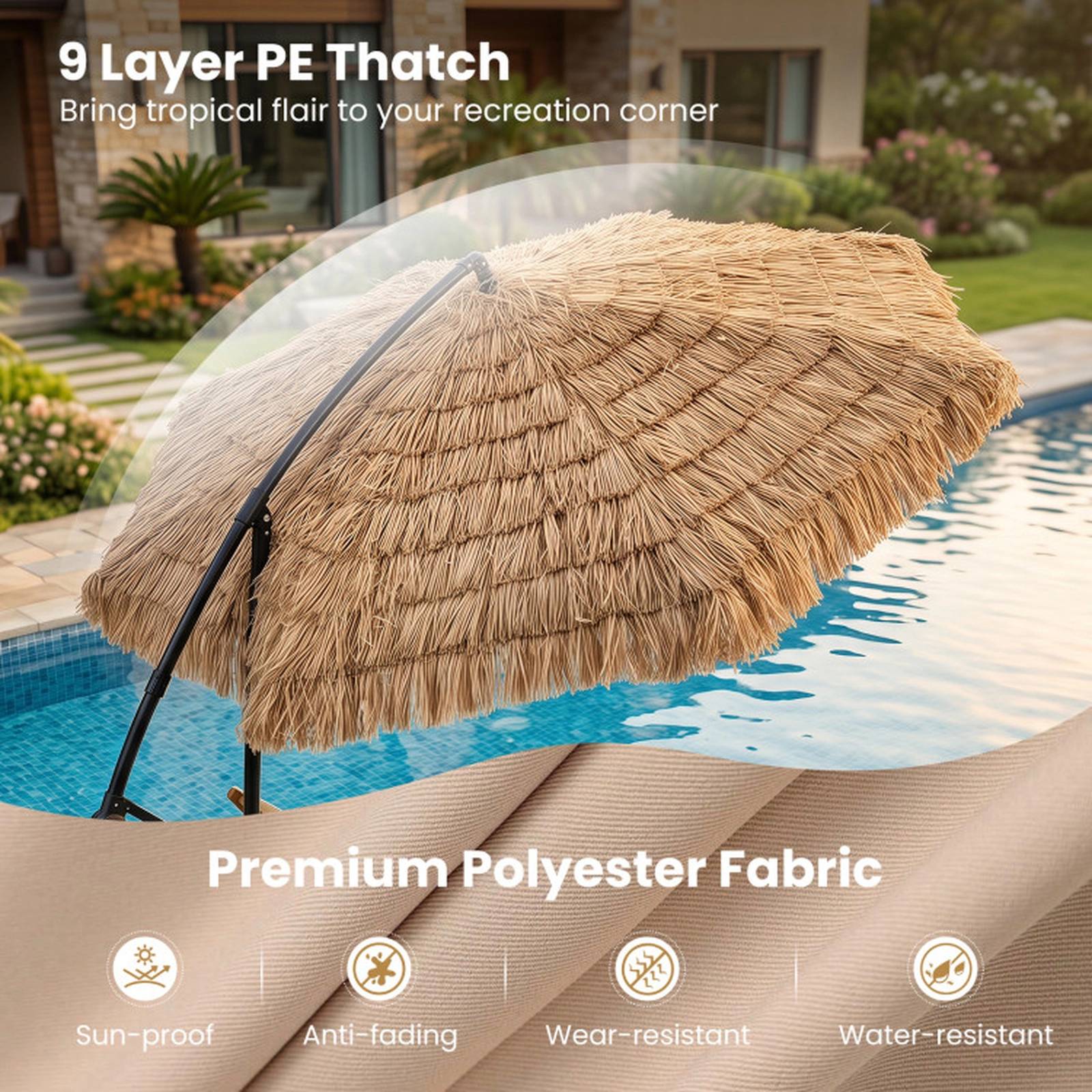 SUGIFT 10-ft Natural Thatched Cantilever Patio Umbrella, Solar Lights, Crank Lift and Infinite Tilt