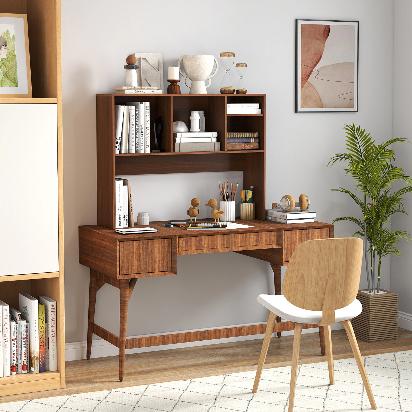 SUGIFT 145-lb Capacity Walnut 37-in Desktop Bookshelf Desk Hutch with 4 Cubbies Open Back Monitor Bay