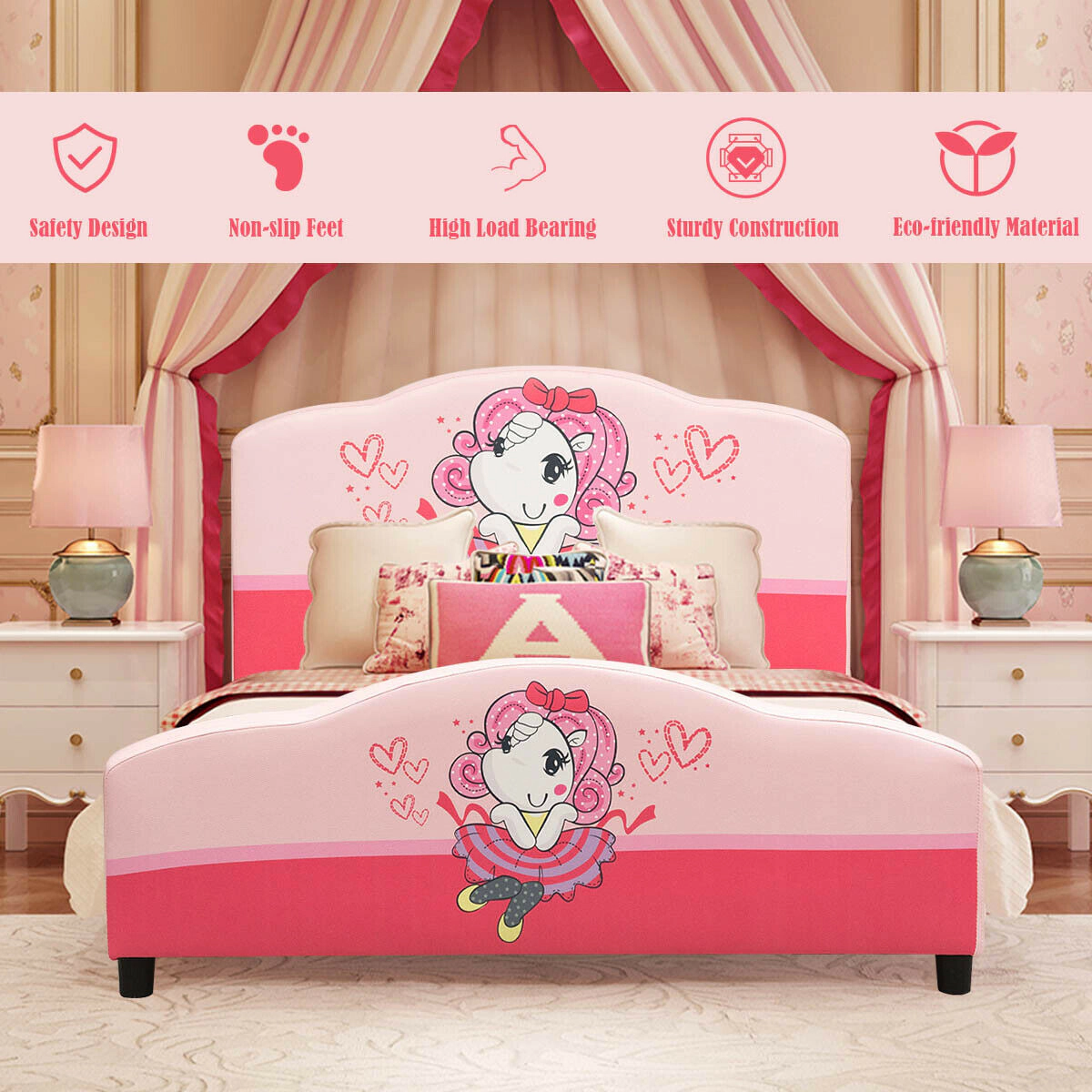 SUGIFT Pink Cartoon Girl Pattern Headboard Twin Size Kids Upholstered Platform Bed