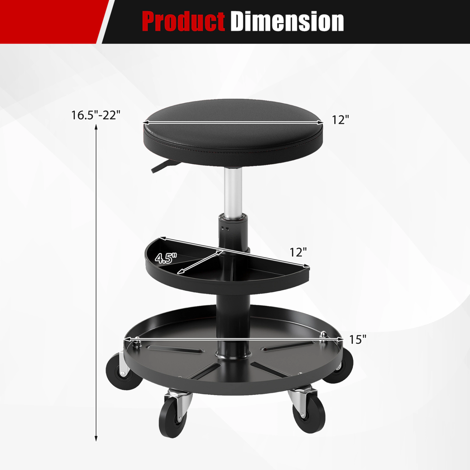 LJG 16.5"-22" Adjustable Height Seat Rolling Mechanic Stool with Wheels