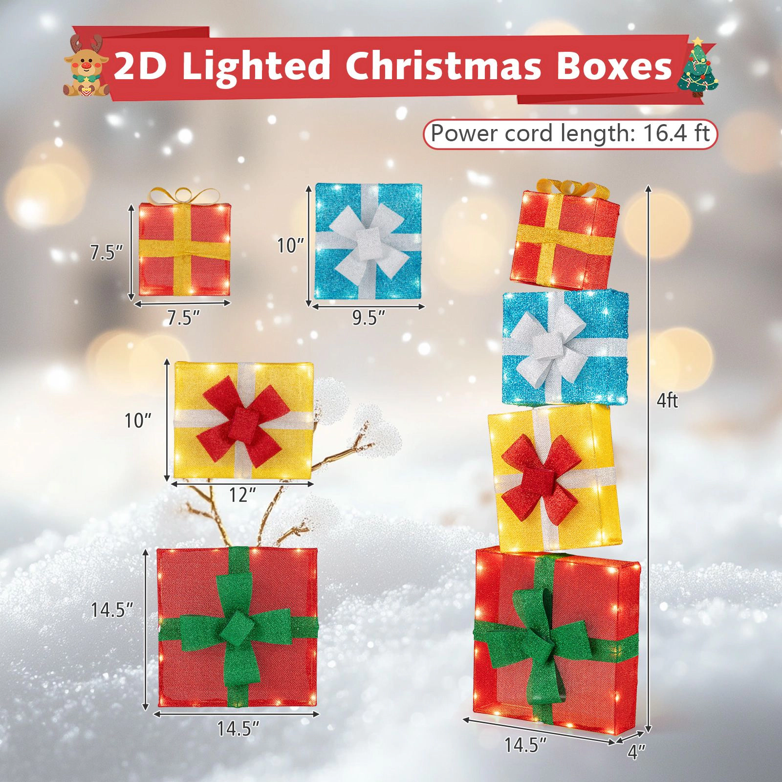 Slickblue Set of 4 Outdoor Christmas Gift Box Decorations with Lights