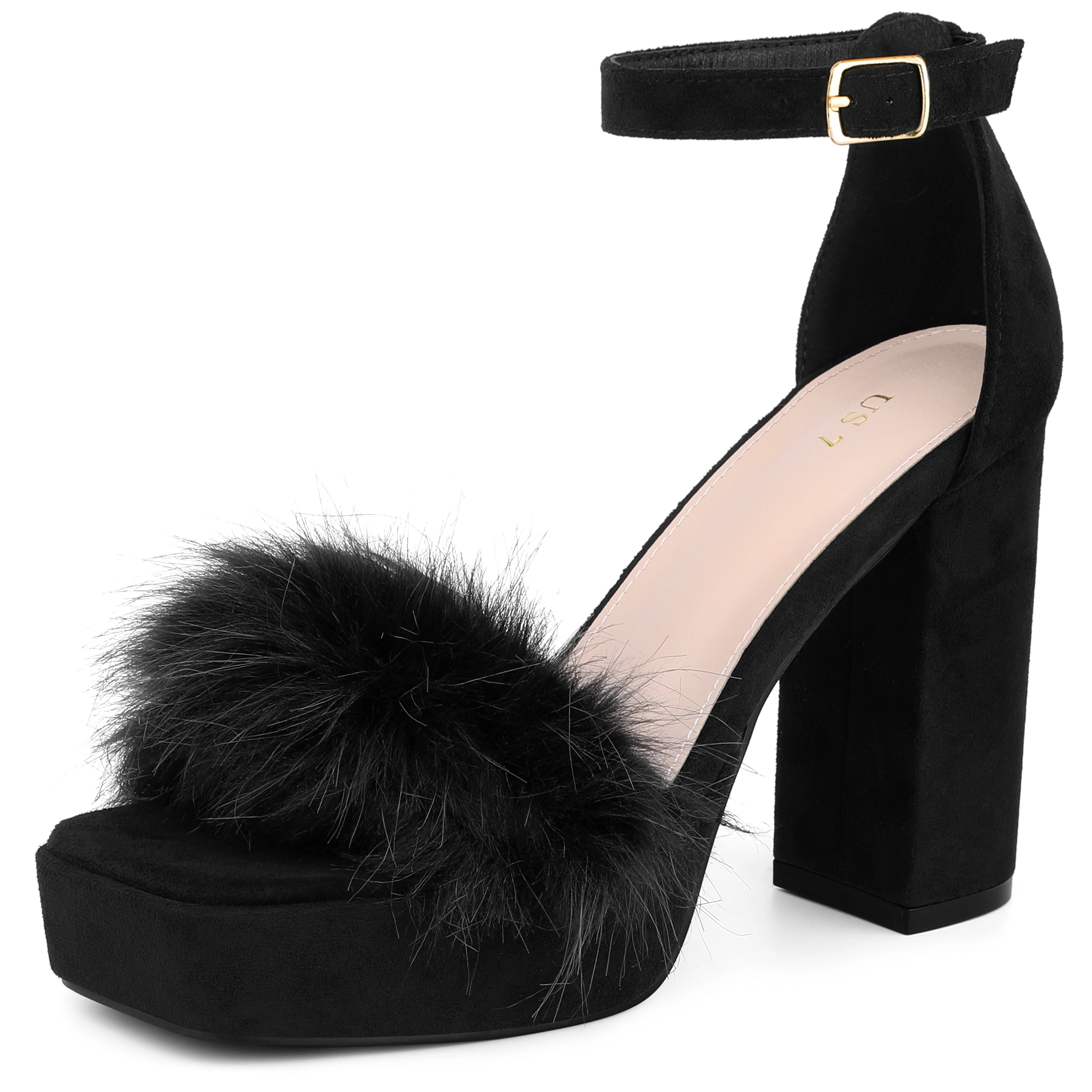 BLISSFUL STEP Women's Faux Suede Fur Square Toe Platform Chunky Heel Ankle Strap Sandals