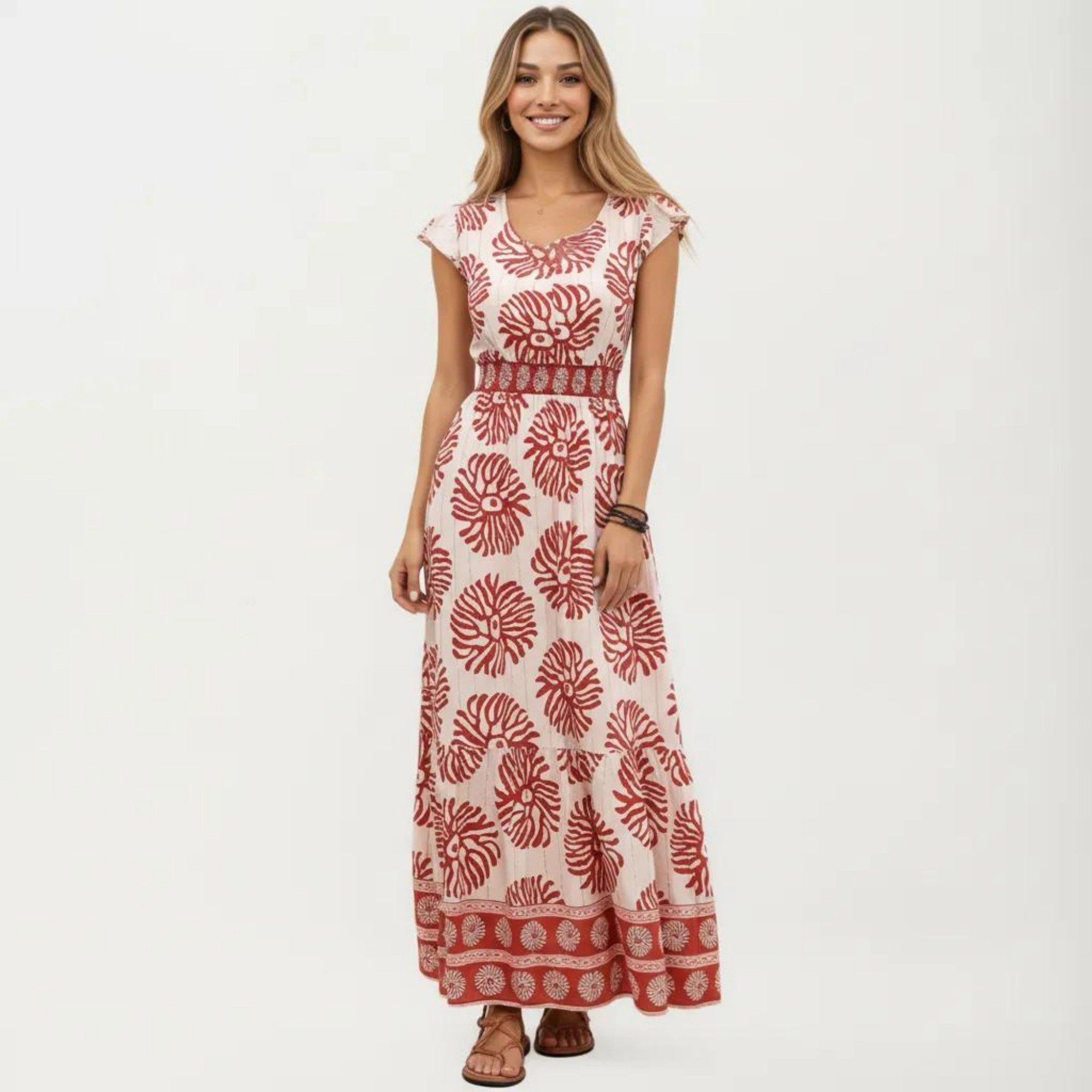 Anna-Kaci Women's Short Sleeve Printed V Neck Smocked Waist Tiered Flowy Silhouette Maxi Dress
