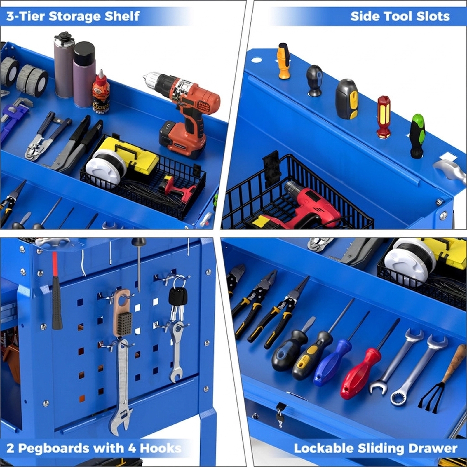 SUGIFT 3-Tier Lockable Drawer 4 Hooks Pegboard Metal Rolling Tool Cart 33-in x 14-in x 30-in 350-lb Capacity Blue
