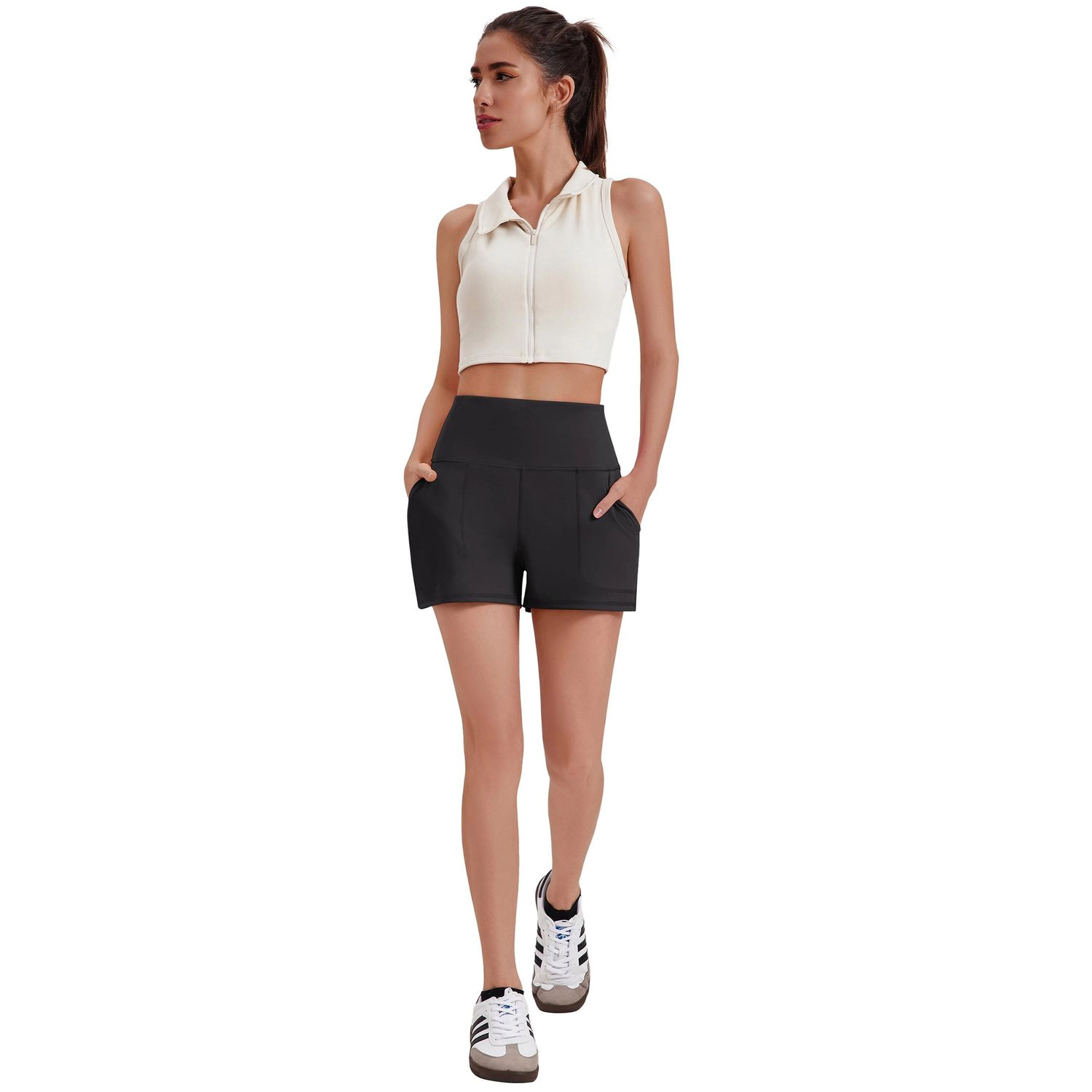 Pinspark Women's Zip Up Collared Crop Tank Top & High Waist Shorts Set