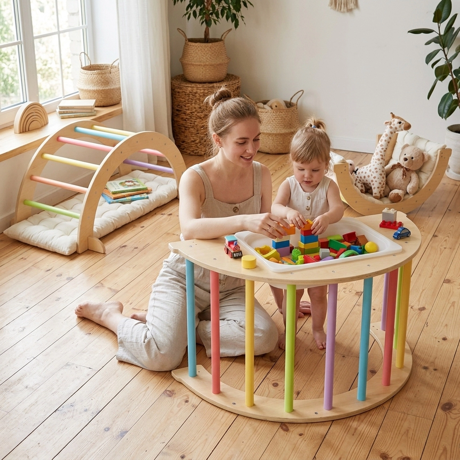 6-in-1 Kids Climbing Arch Playset Removable 42-in Cushion Storage Bin Anti-Tip Stoppers 110-lb Ages 1-8 Multicolor