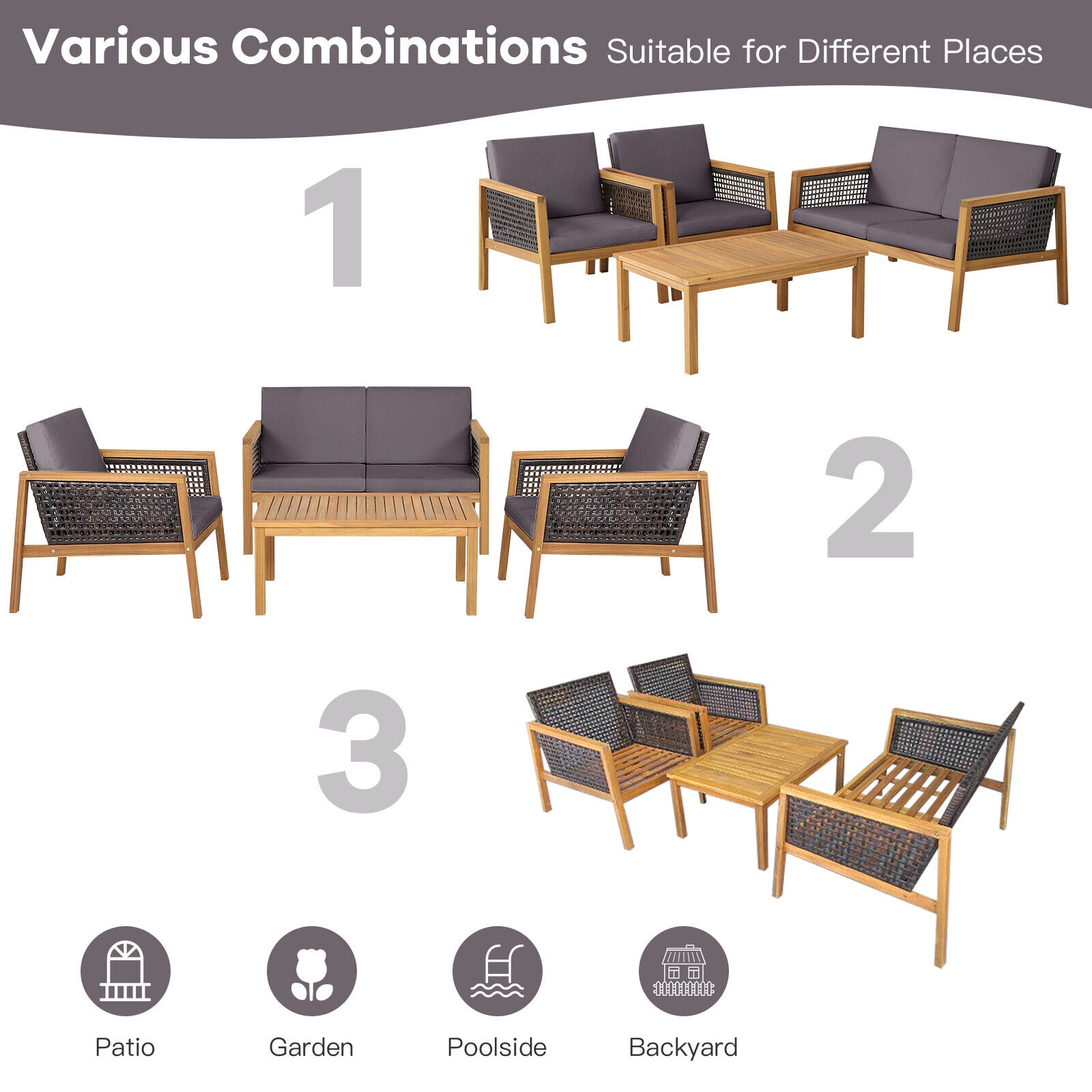LJG 4 Pieces Patio Rattan Furniture Set with Removable Cushions