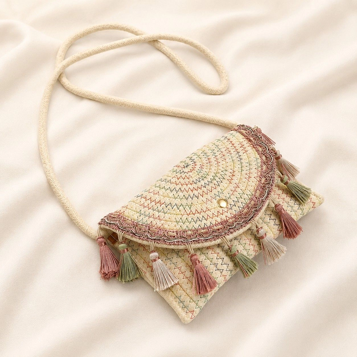 Alilang Women's Boho Woven Fabric Crossbody Bag with Tassel Trim and Magnetic Closure, Beige
