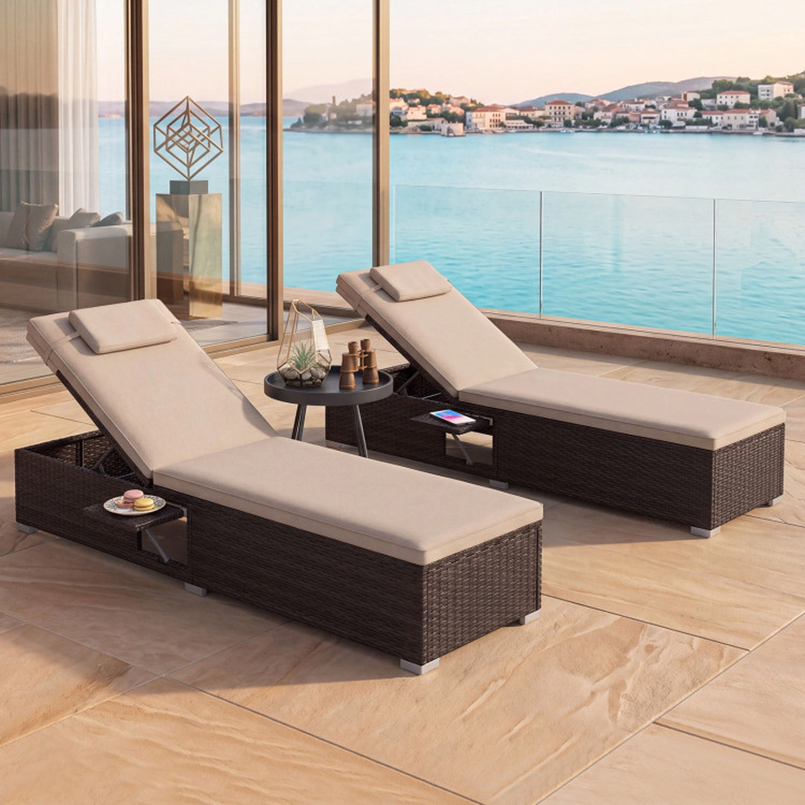 SUGIFT Set of 2 400-lb Capacity Brown 6-Level PE Rattan Wicker Outdoor Chaise Lounges with Foldable Side Table