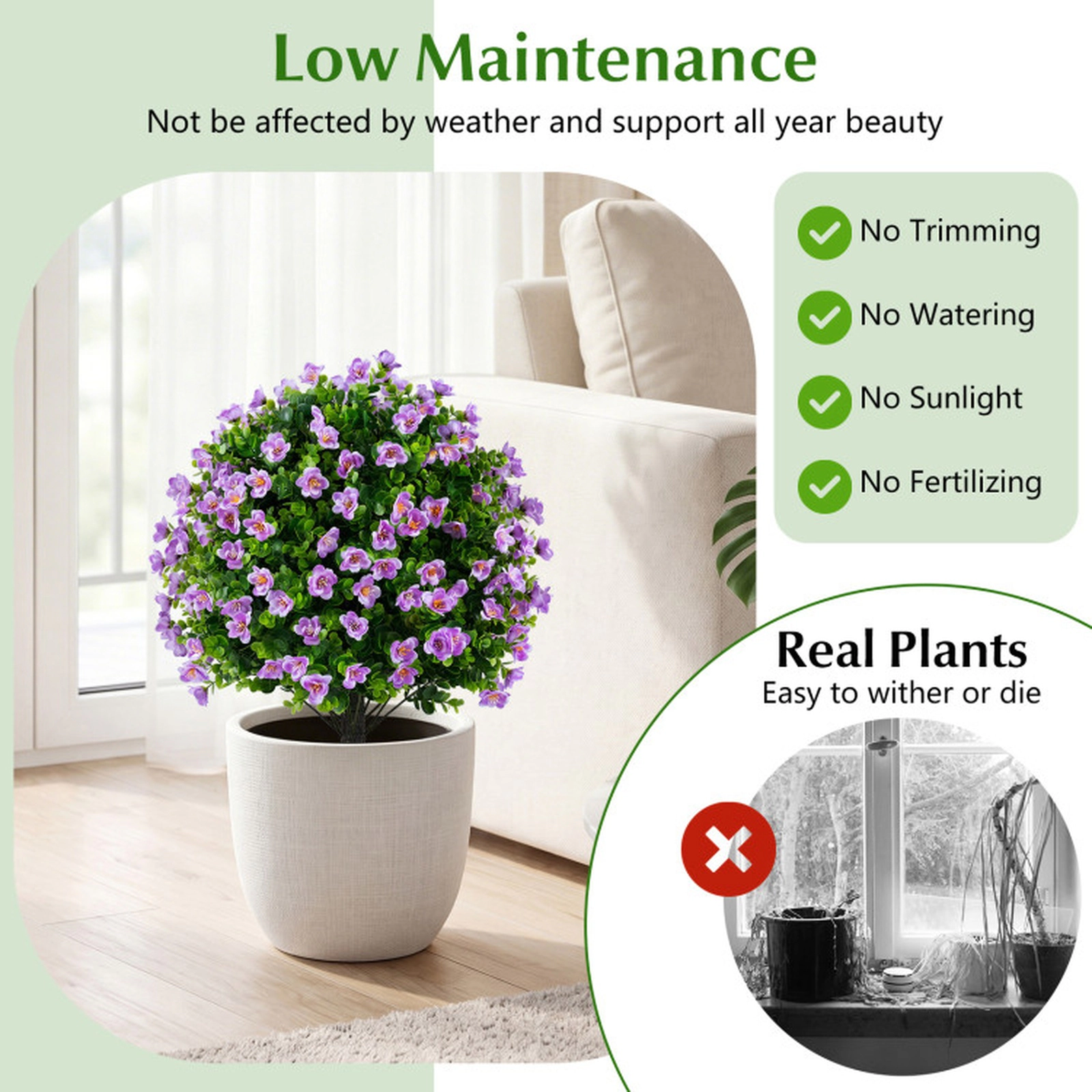 SUGIFT Set of 2 23-in Artificial Eucalyptus Topiary Ball Trees with Purple Flowers and Cement Planters
