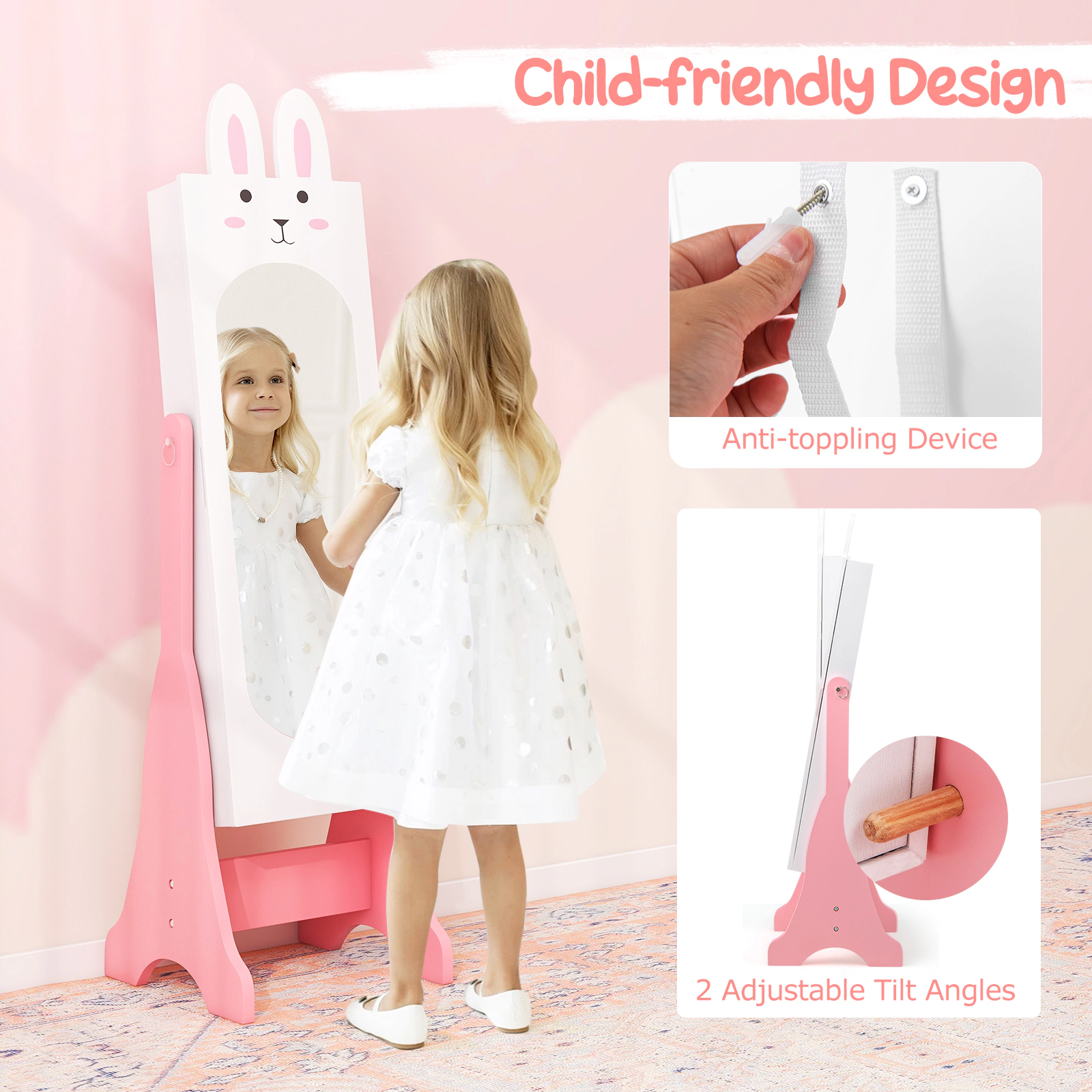 SUGIFT 4-Piece Kids Vanity Table Set with Chair and Full-Length Dressing Mirror 110-lb Stool Capacity Ages 3+ Pink/White