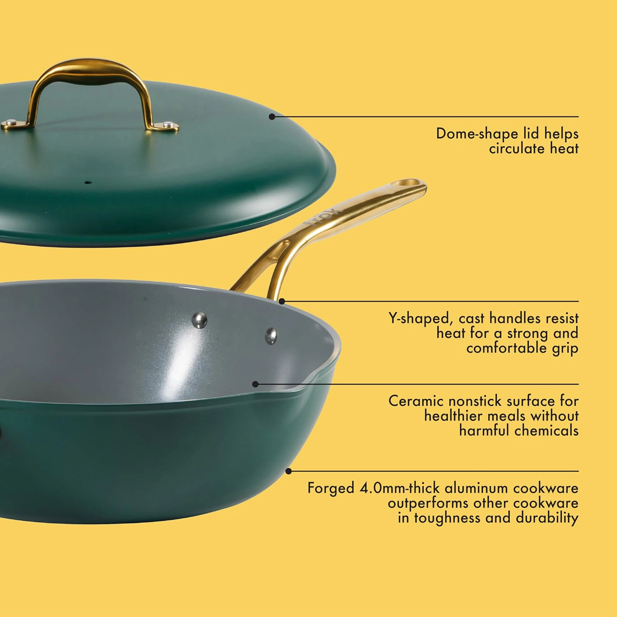 Frok 13 Inch Ceramic Nonstick Aluminum Tall Frying Pan with Lid in Green and Gold Handles