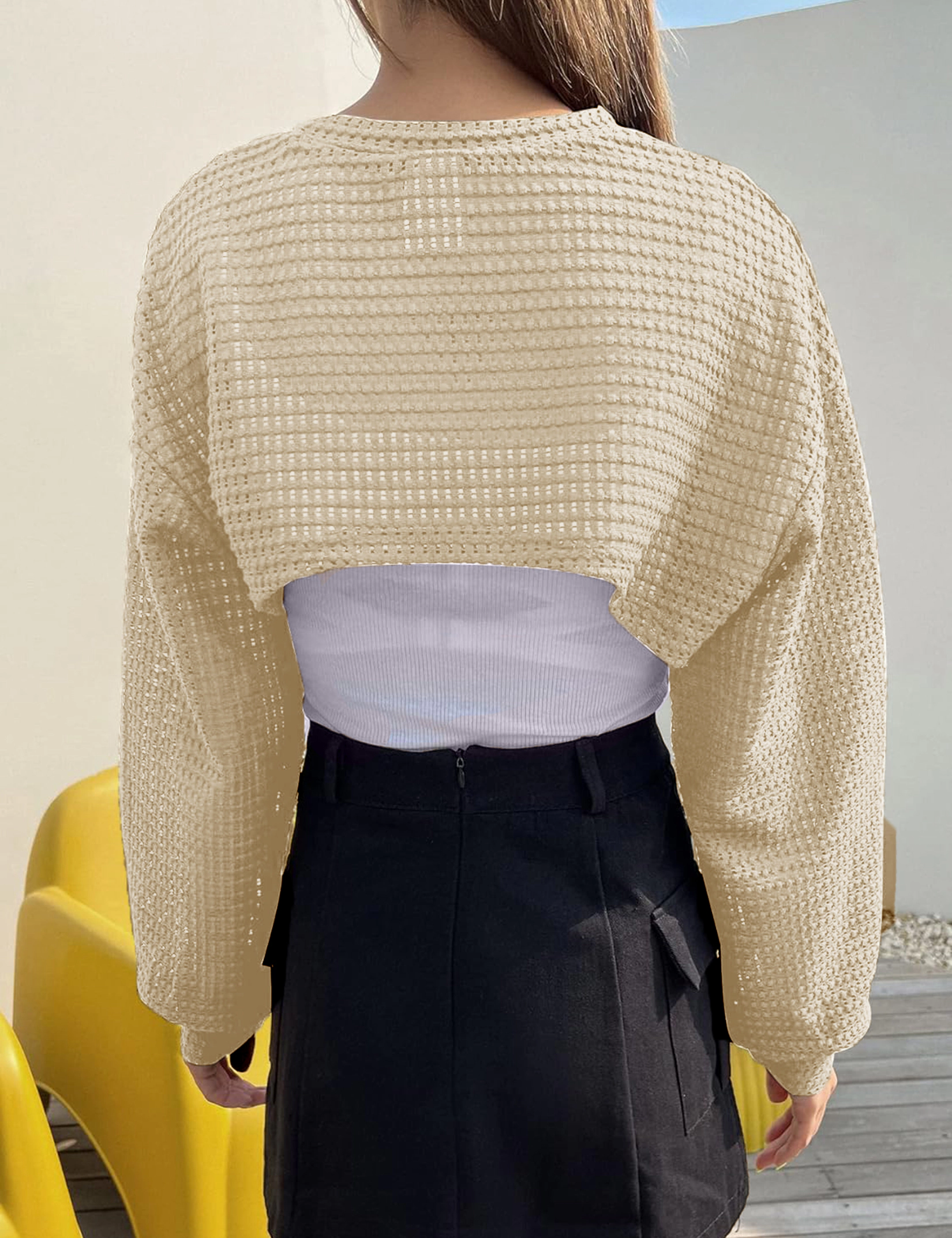 KOJOOIN Women's Knitted Cropped Top Long Sleeve Hollow Out Shrug Sweater Y2K Knit Cover Up Tops