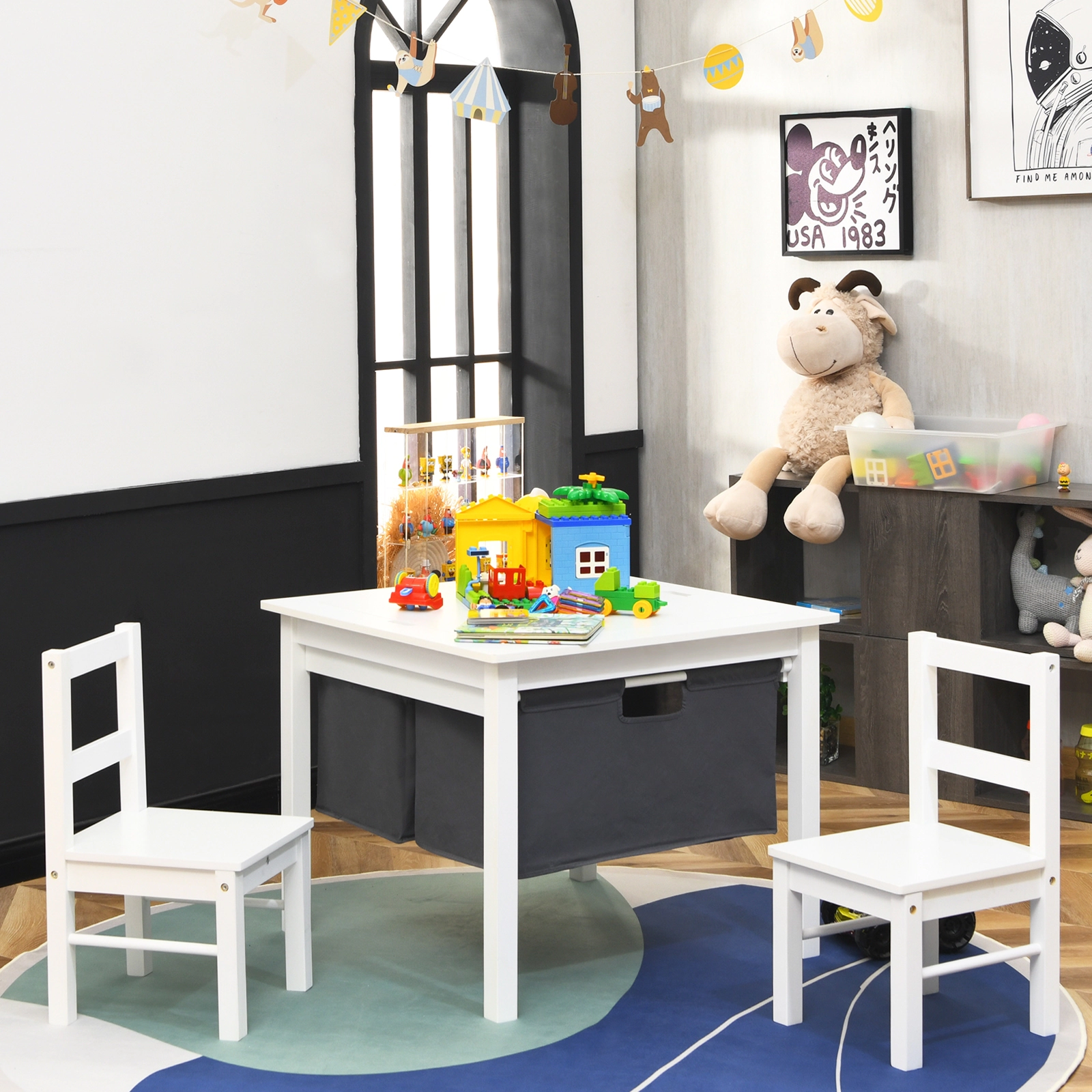 SUGIFT 2-in-1 Kids Activity Table and 2 Chairs, Reversible Top, Brick Baseplate, Storage Drawers, White