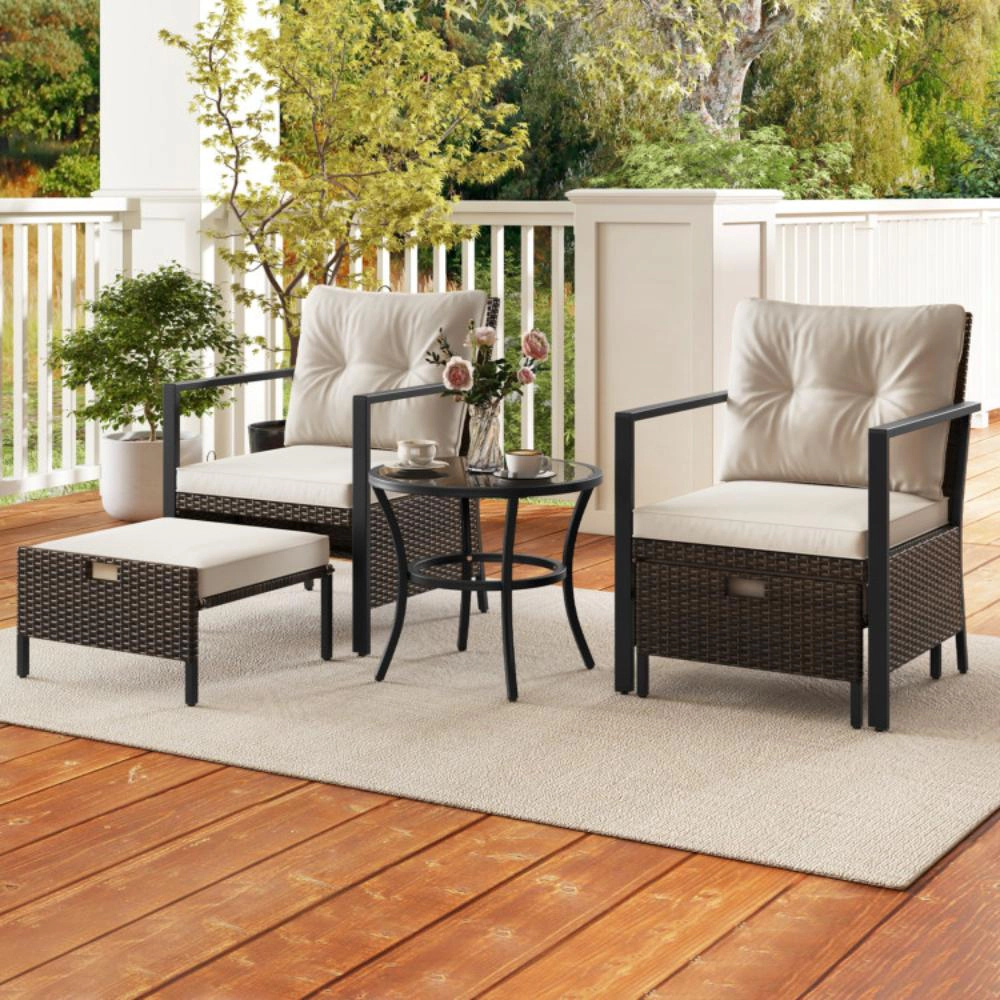 Hivvago 4 Piece Outdoor Furniture Set With Glass Topped Coffee Table-White