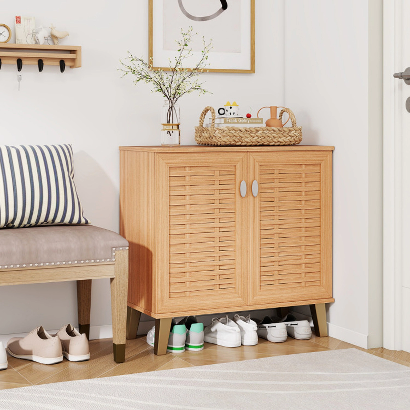 SUGIFT 4-Tier Teakwood 29.5-in Entryway Shoe Cabinet with 2 Ventilated Woven Doors and 3 Shelves