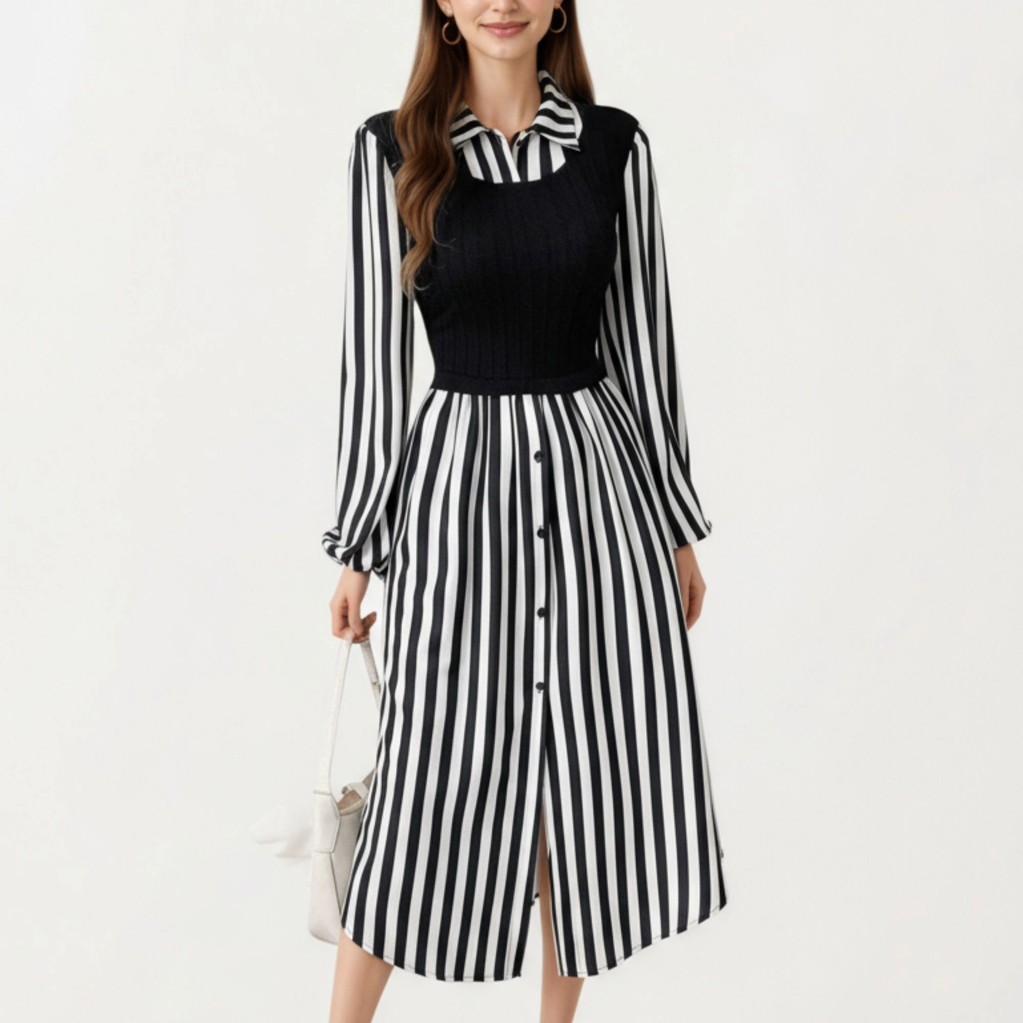 Anna-Kaci Women's Long Sleeve Striped Button Front Knit Vest Overlay Collared Neck Midi Dress