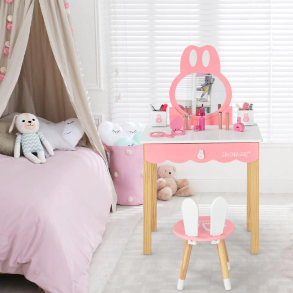 Hivvago Kids Vanity Set Rabbit Makeup Dressing Table Chair Set With Mirror And Drawer