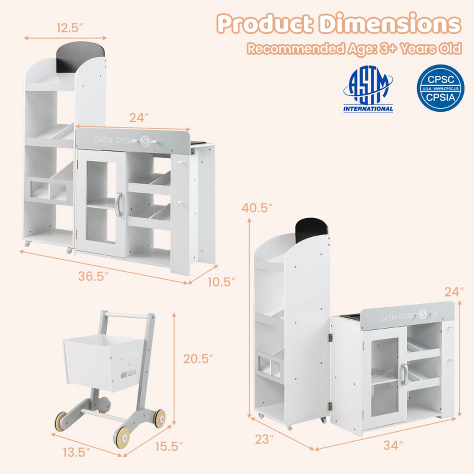 SUGIFT White Shopping Cart Kids Convertible Wooden Grocery Store Playset