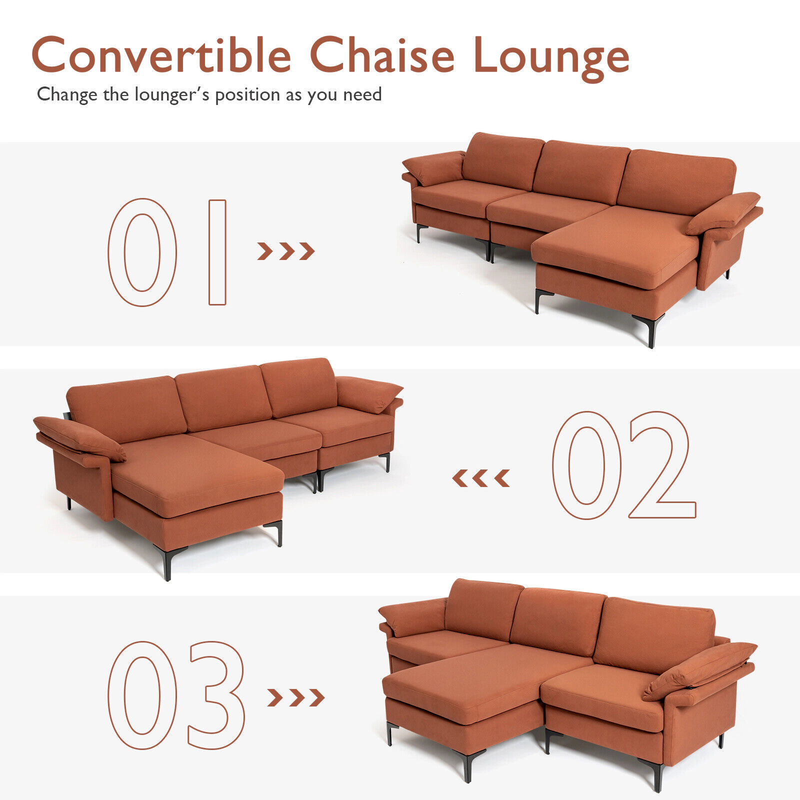 SUGIFT Rust Red 100.5-Inch L-Shaped Sectional Sofa with Reversible Chaise, Storage and USB Power Strip