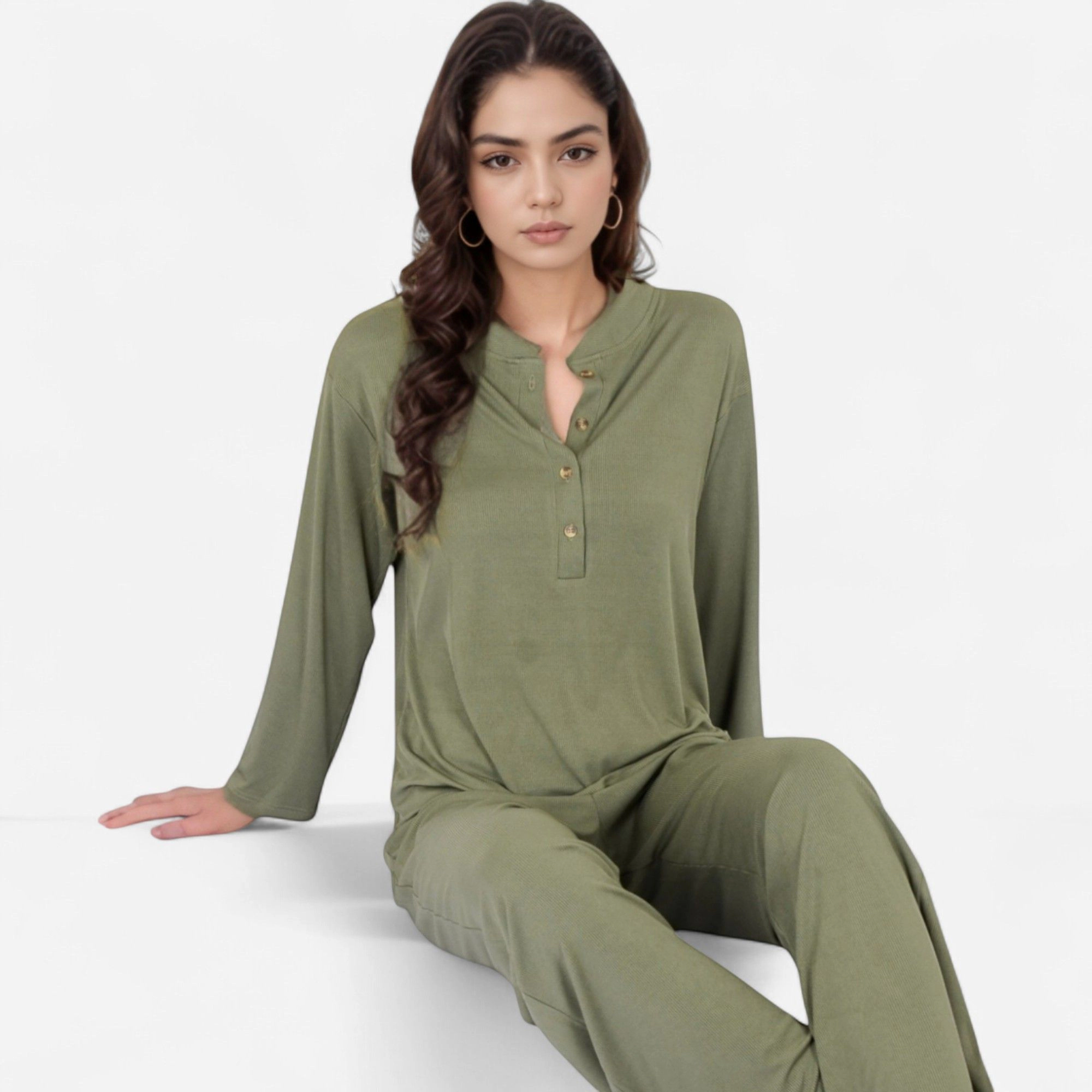Anna-Kaci Women's Henley Pajama Set with Long Sleeve Button Front Top Relaxed Fit and Full-Length Stretch Lounge Pants