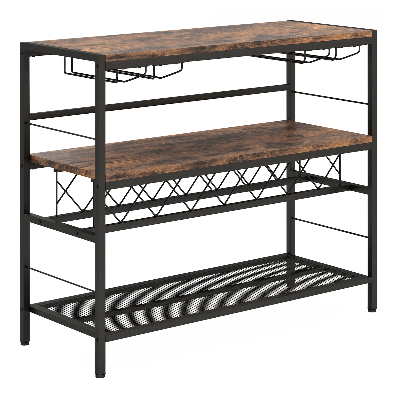SUGIFT Rustic Brown 41-in 4-Tier Bar Table with Wine Rack Mini Bar Cabinet for 7 Bottles and 16 Glasses