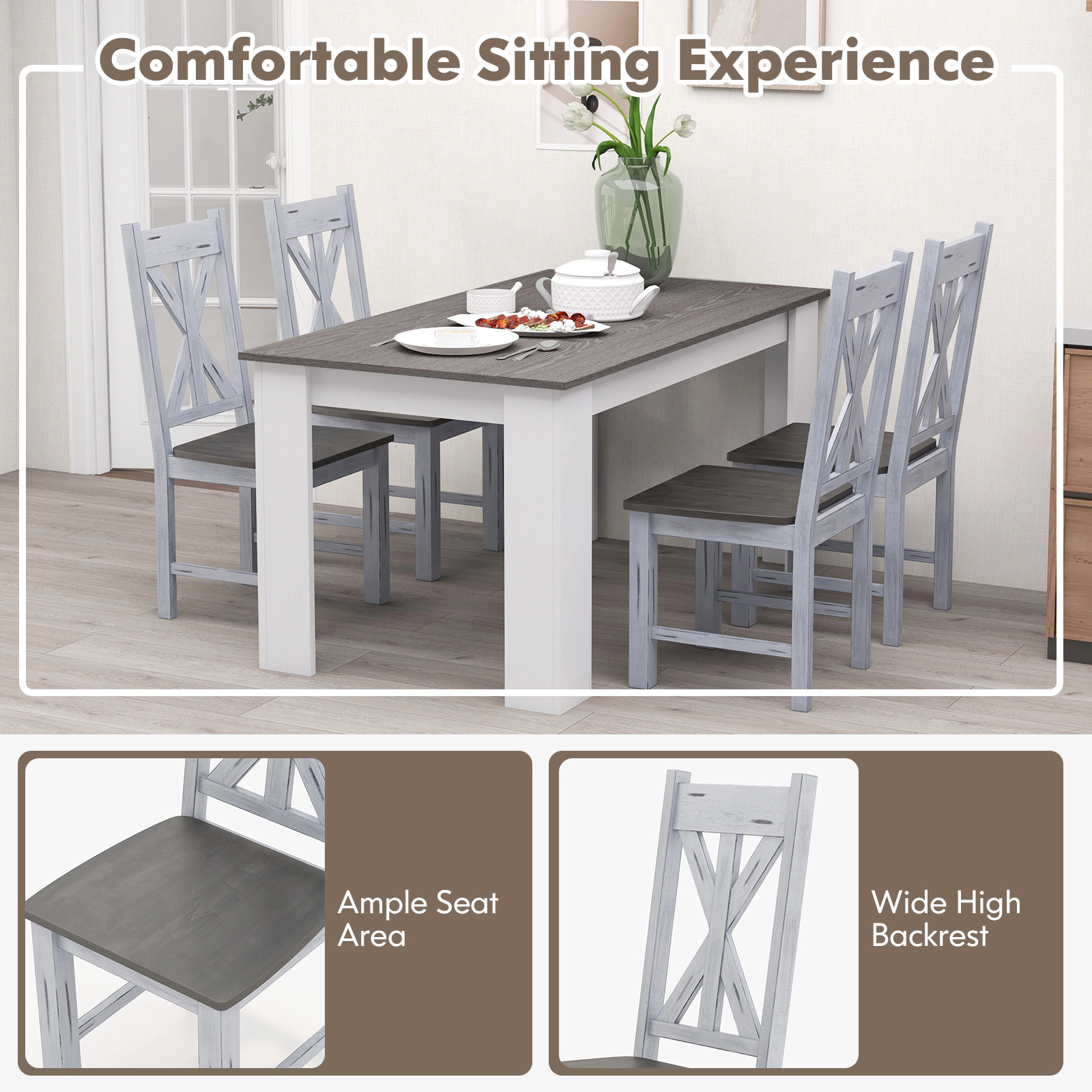 SUGIFT Farmhouse Rubber Wood Dining Chair Set of 2 with Hollowed Backrest 330-lb Capacity White Gray