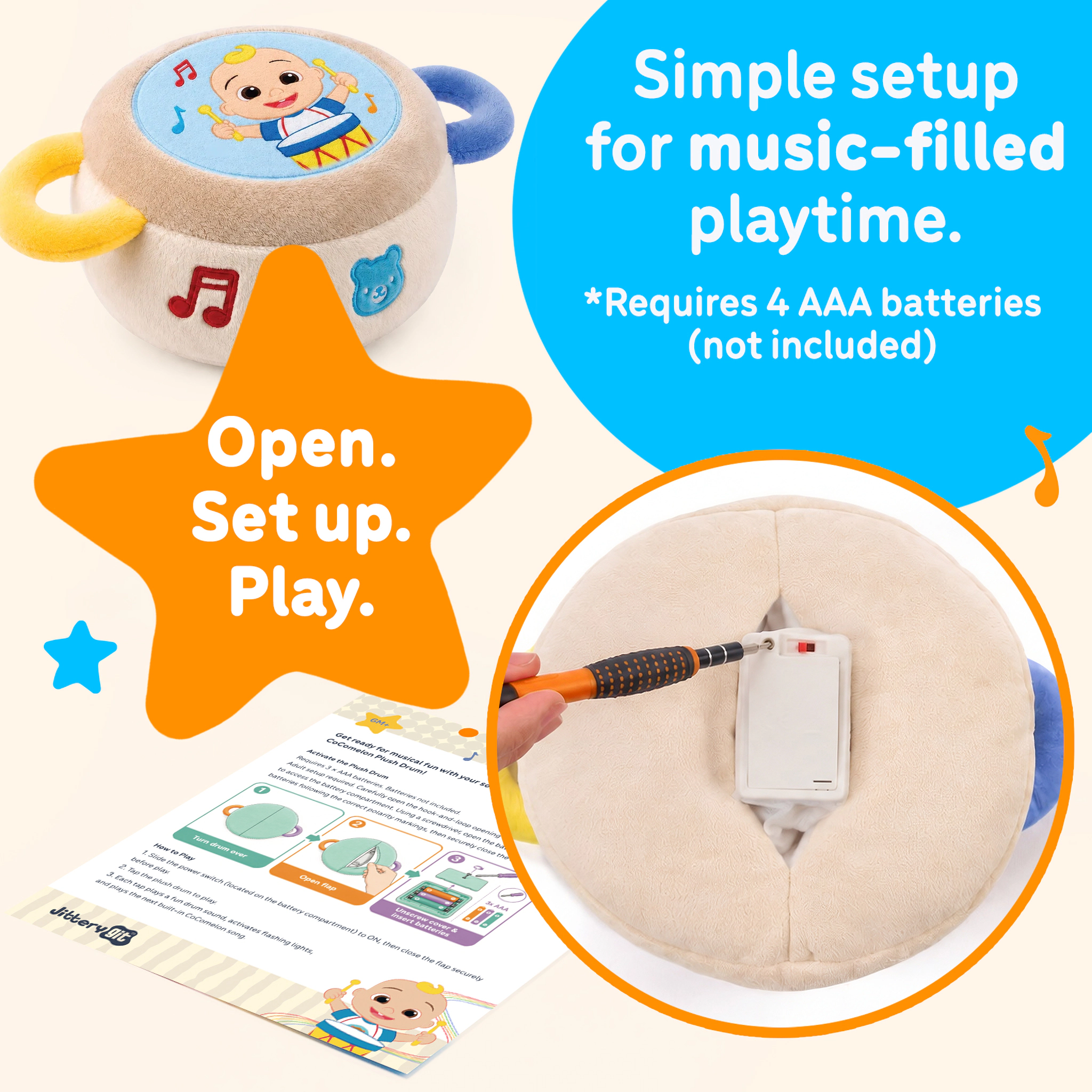 CoComelon Kids JJ Plush Drum - Soft Musical Tap Drum Toy with Sing-Along Songs