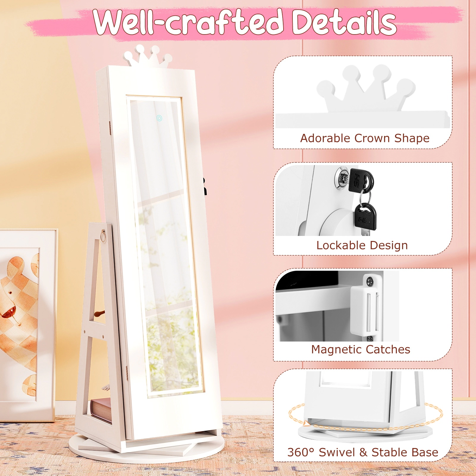 SUGIFT White 360-Degree Rotation Lighted Mirror and Storage Rack 3-in-1 Kids Jewelry Cabinet