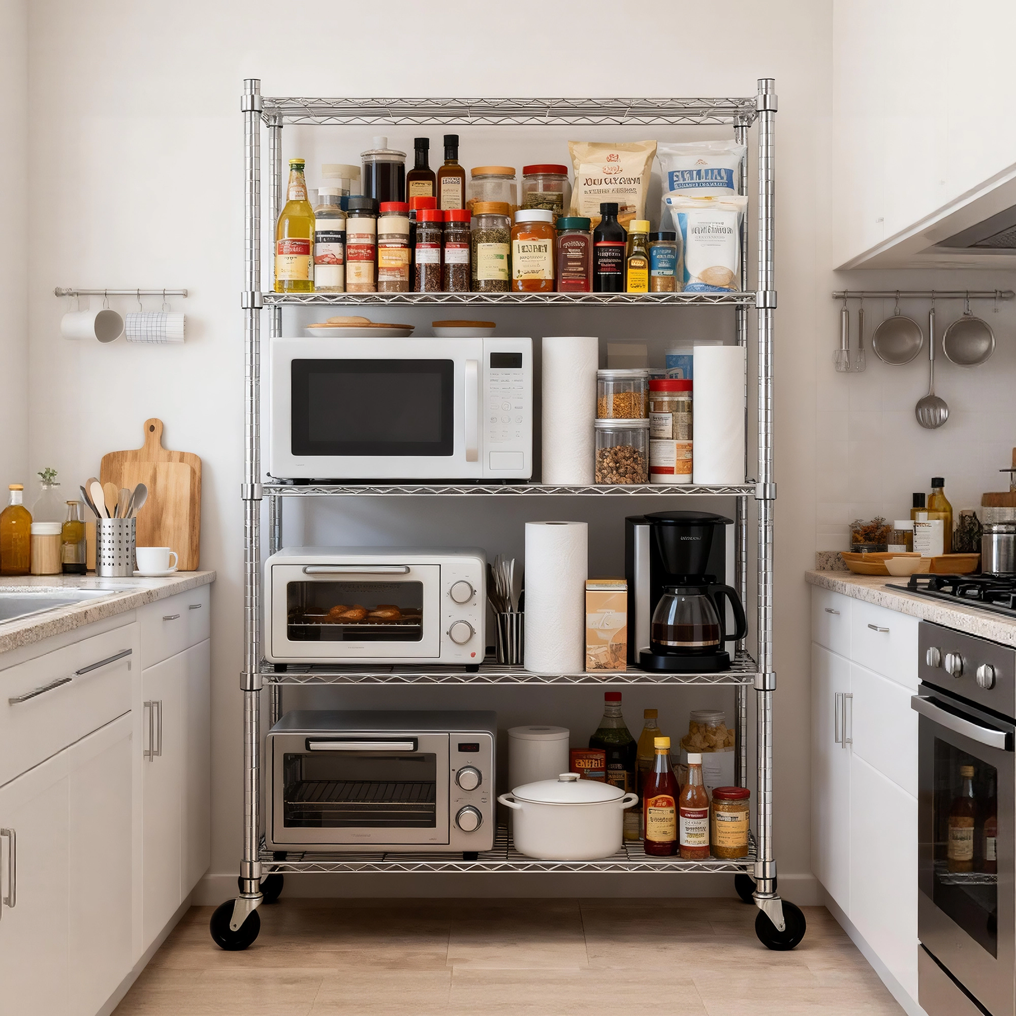 Flynama 5 Tier Chrome Wire Shelf 47.2 x 17.7 x 75.6 in Heavy Duty Adjustable Rack for Garage Kitchen, Warehouse