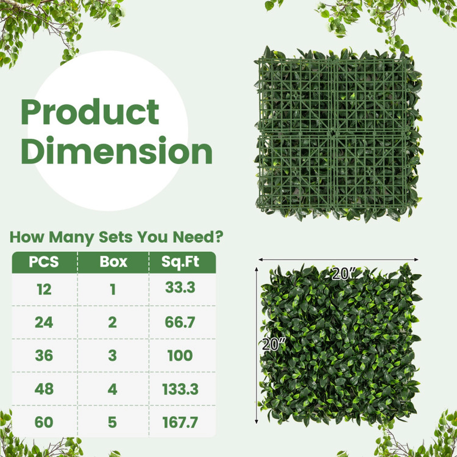 SUGIFT 12-Piece 20-in Green Artificial Topiary Gardenia Shrub Panels with 2.8-in Gradient Leaf Depth