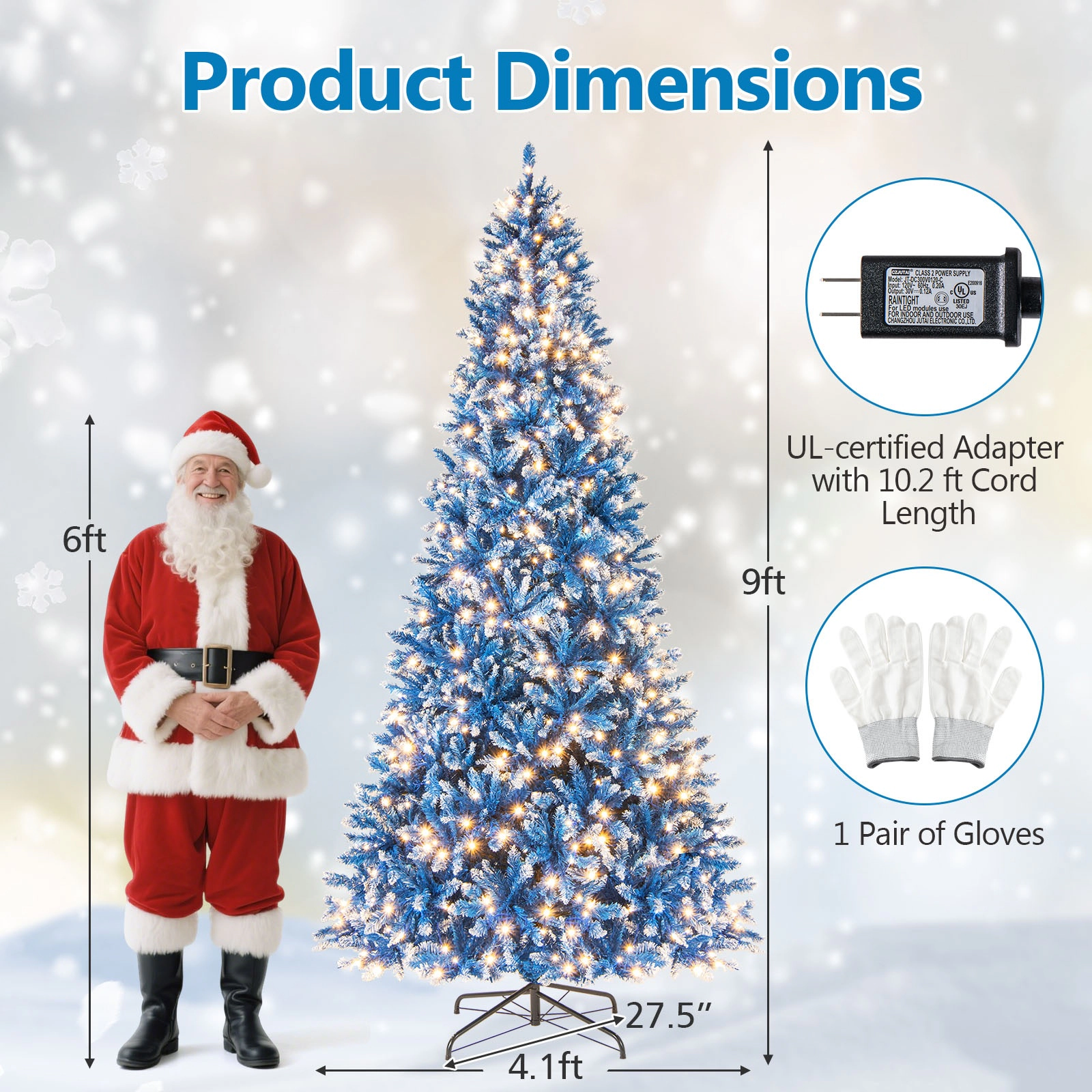 SUGIFT Snowy Blue 9-Foot Artificial Christmas Tree 1938 Branch Tips 4.1-ft Diameter & 520 Warm White LED Lights Blue