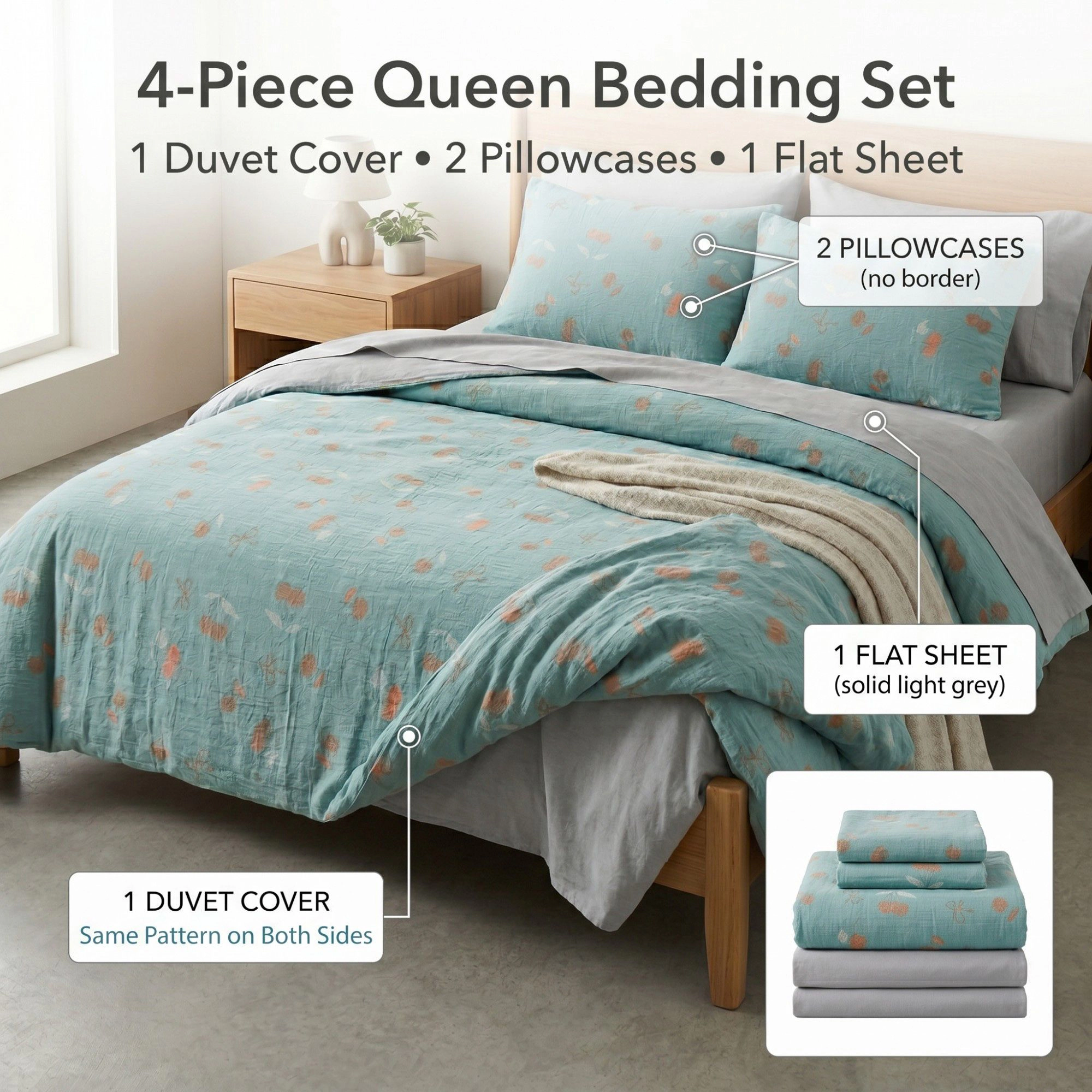 Alilang Unisex 4-Piece Cotton Bedding Set with Cherry Print Duvet Cover and Pillowcases