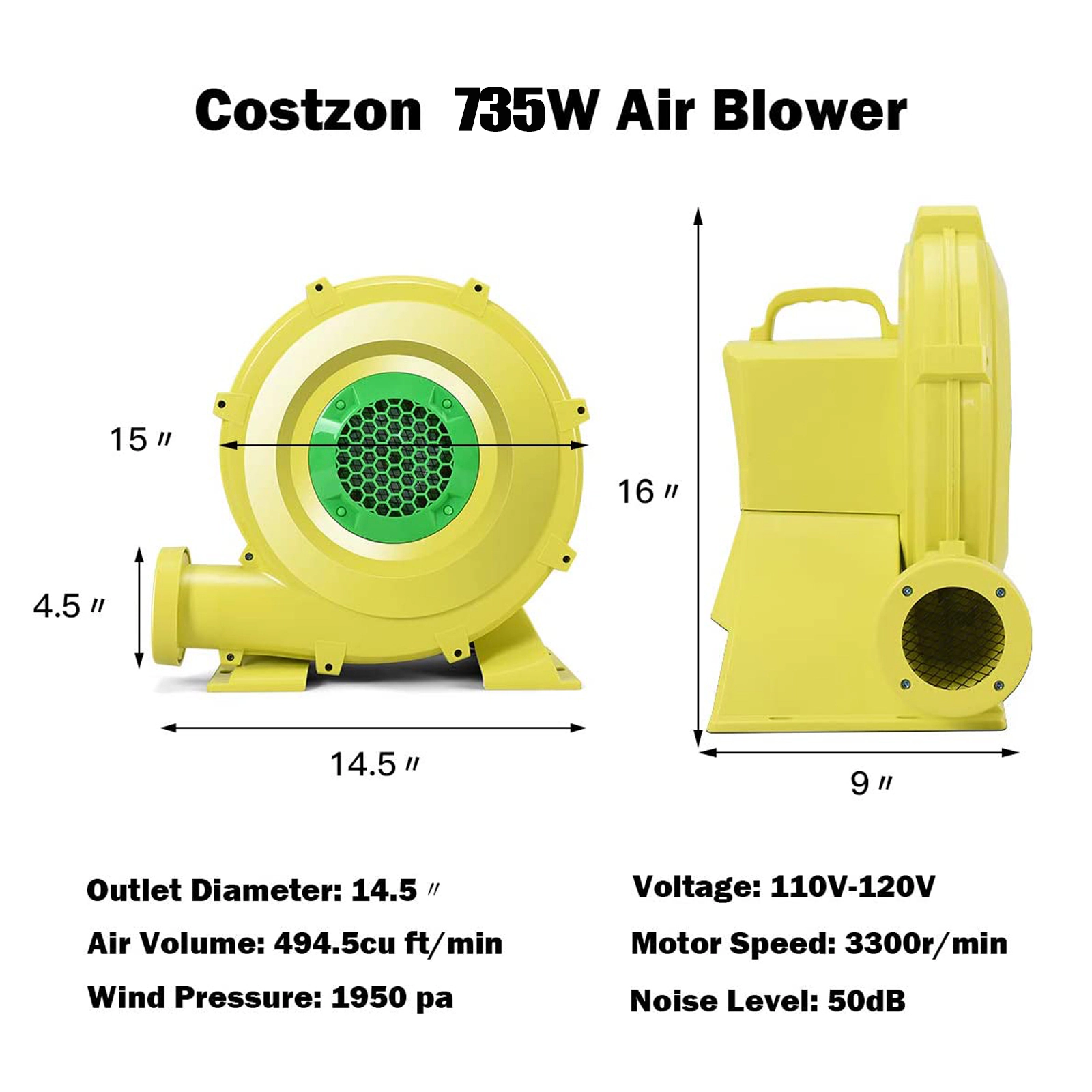 SUGIFT 735 W 1.0 HP Air Blower Pump Fan for Inflatable Bounce House 34600 CFM 4.25-in Air Outlet High-Grade PE Yellow