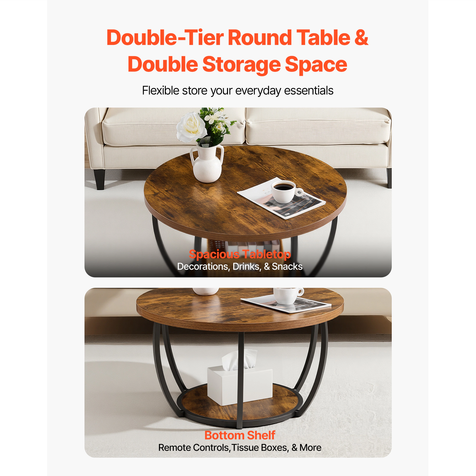 HONGGE Coffee Table Modern Round Coffee Table 2 Tiers Wooden Circle Center Desk with Open Storage Minimalist Sturdy
