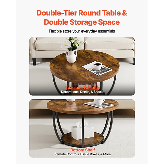 HONGGE Coffee Table Modern Round Coffee Table 2 Tiers Wooden Circle Center Desk with Open Storage Minimalist Sturdy