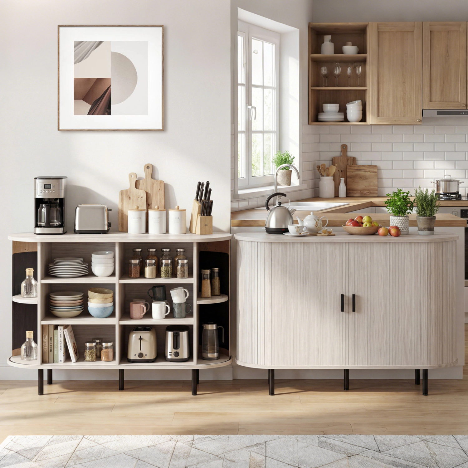 LJG 47 Inch Fluted Sideboard Buffet Cabinet with Tambour Sliding Doors and Metal Legs