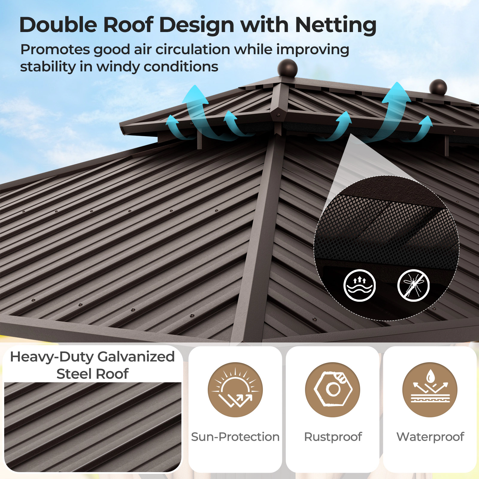 SUGIFT Coffee Galvanized Steel Roof Netting and Curtains 13 x 10 ft Double-Roof Hardtop Gazebo