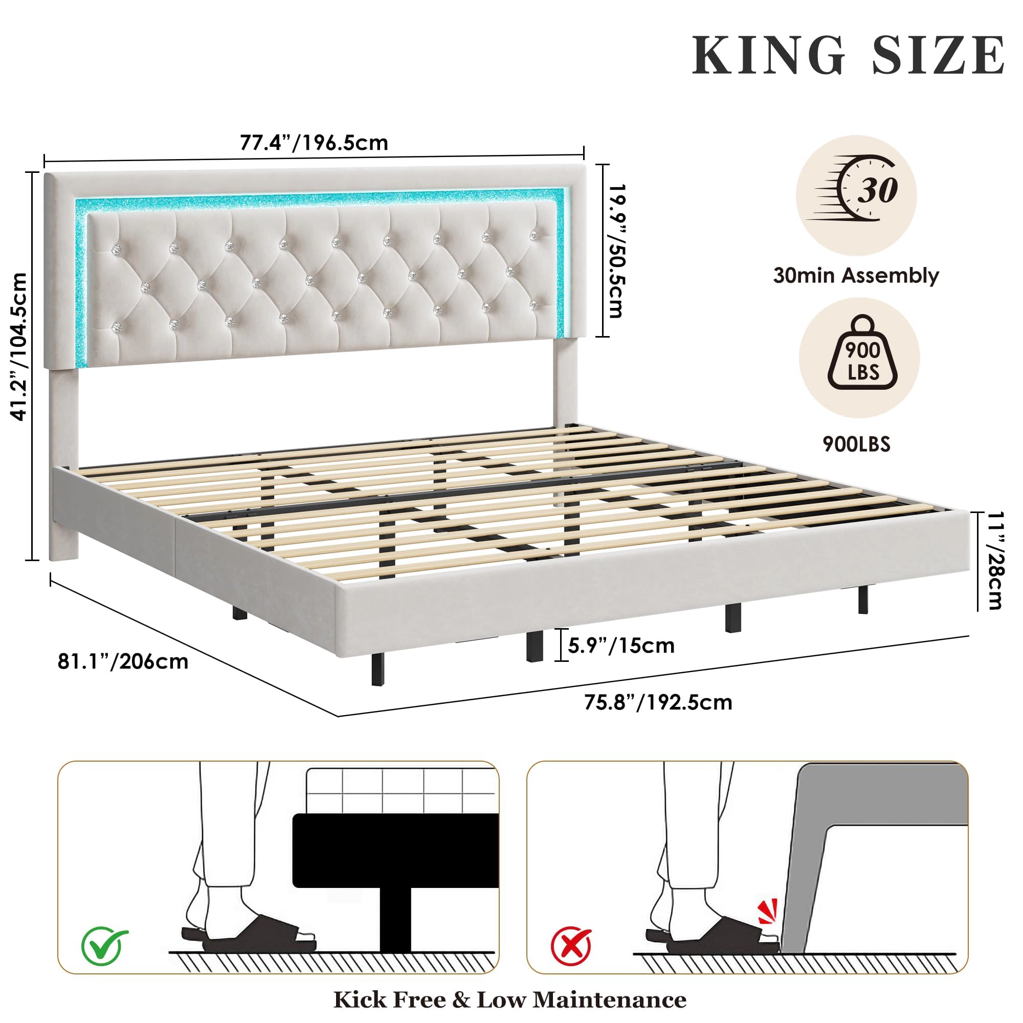 Floating Platform Bed with Diamond Upholstered Headboard and RGB LED Lights, Under-Bed Storage, Wood Slat