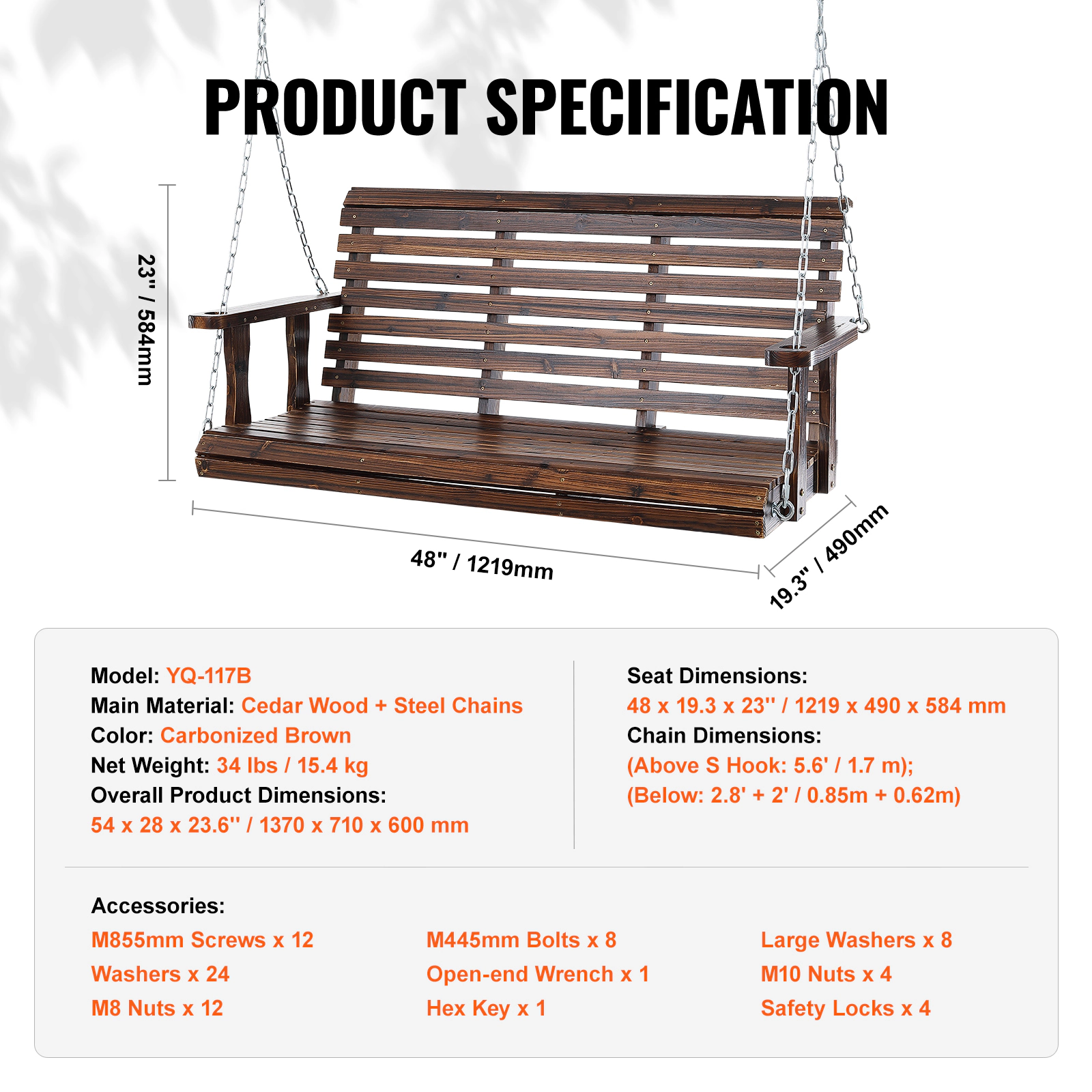 HONGGE Wooden Porch Swing Patio bench swing for Courtyard & Garden Upgraded 880 lbs Strong Load Capacity Heavy Duty