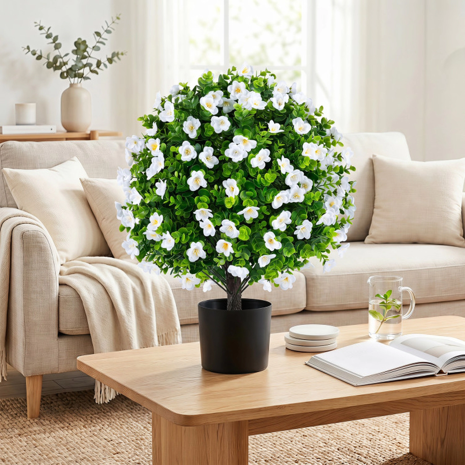 SUGIFT 2-Pack Blossom Accent Cement Planter Artificial Eucalyptus Topiary Trees 23-in Tall 6-in x 5-in Pot White