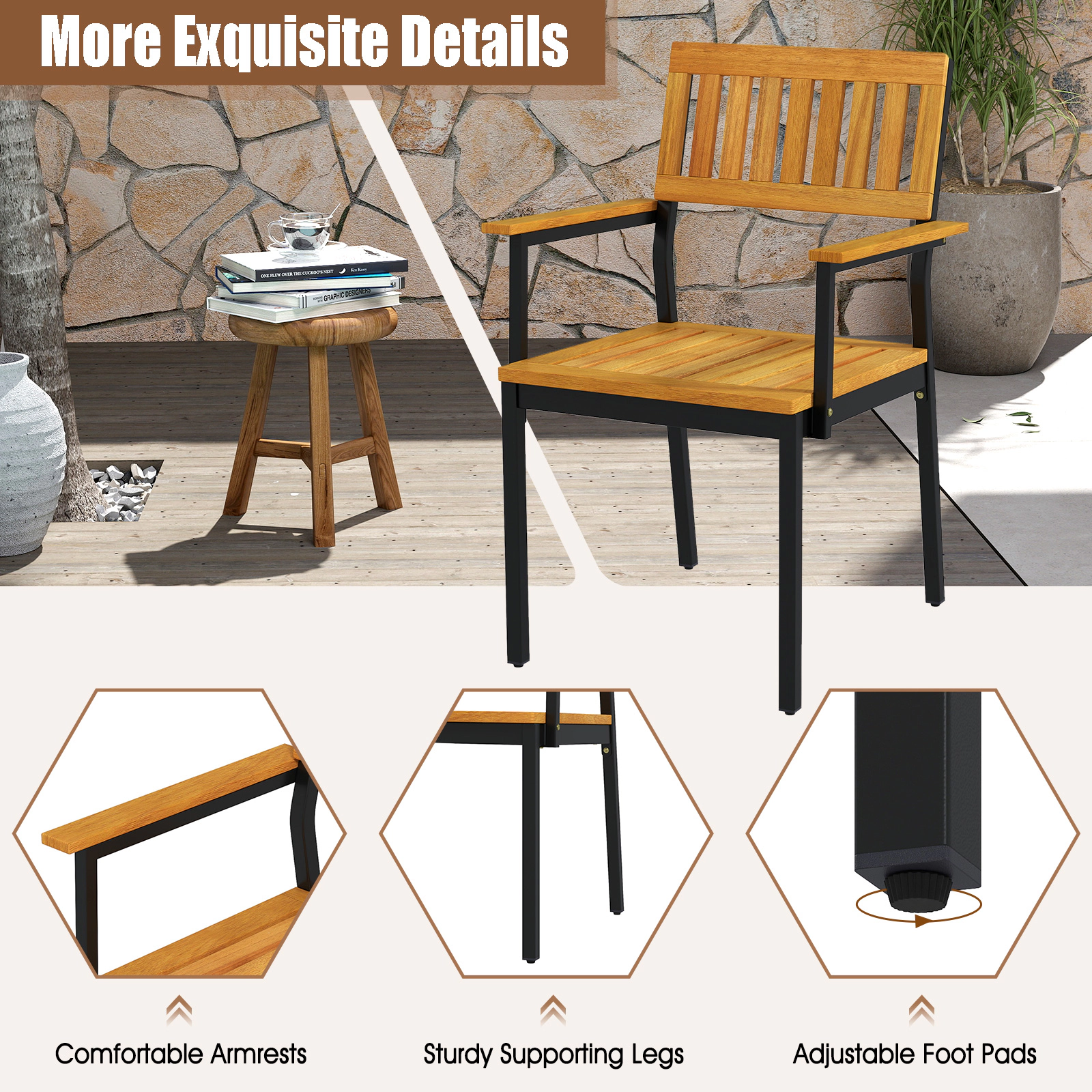 SUGIFT Solid Acacia Wood and Metal Patio Outdoor Dining Chair Set of 2 400-lb Capacity 22.5-in Wide Seat Natural+Black