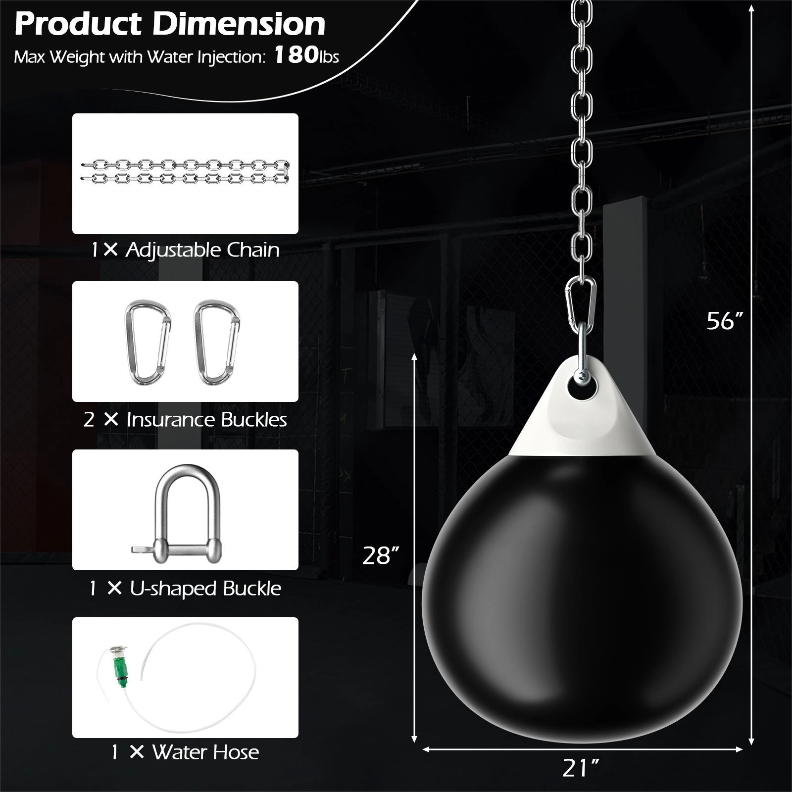 SUGIFT Black Adult Water Punching Bag with Adjustable Metal Chain and 39-in Filling Hose 21-in Dia 28-in H