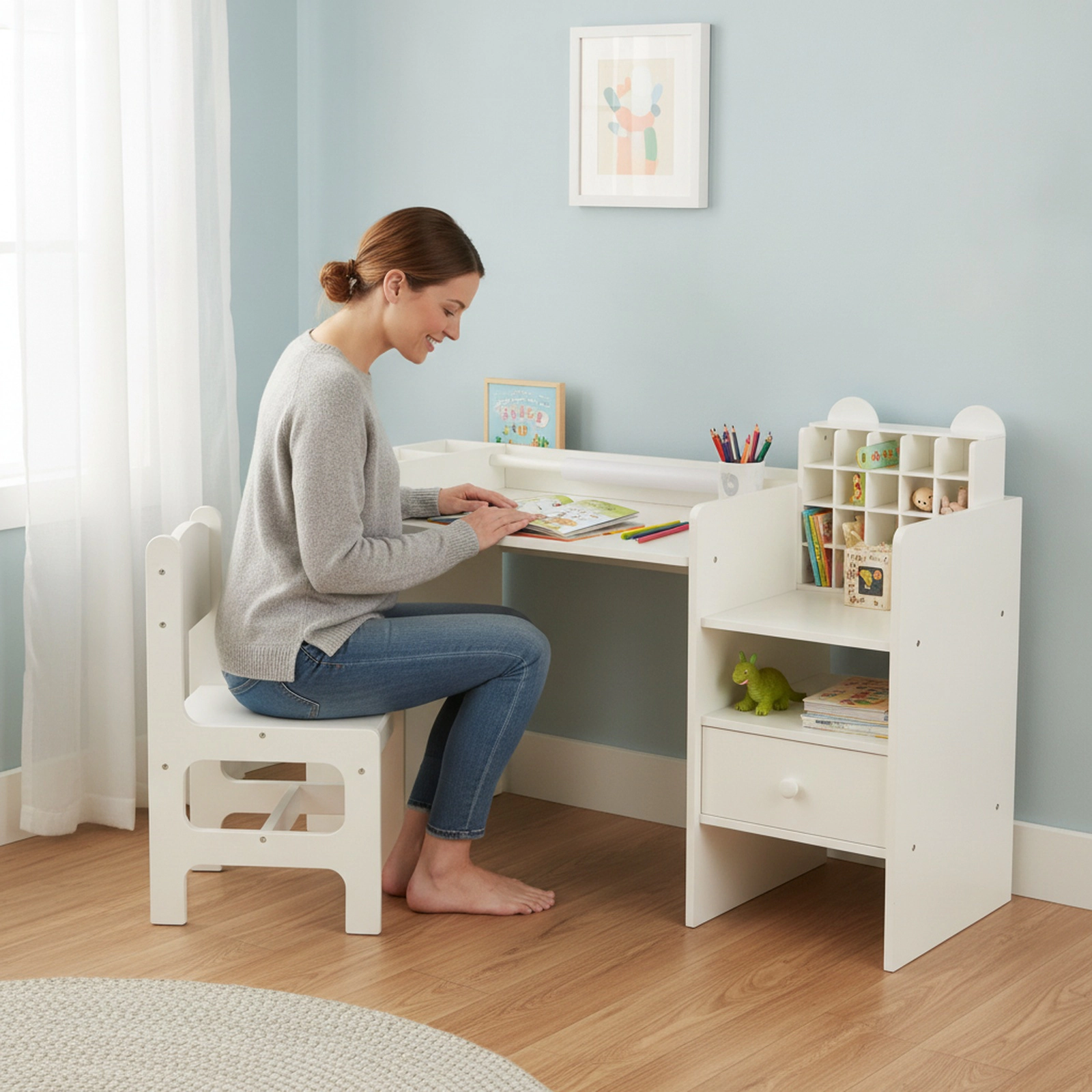 SUGIFT White Toddler Desk and Chair Set, 42.5-in Learning Station with Paper Roll, Cubby and Shelves