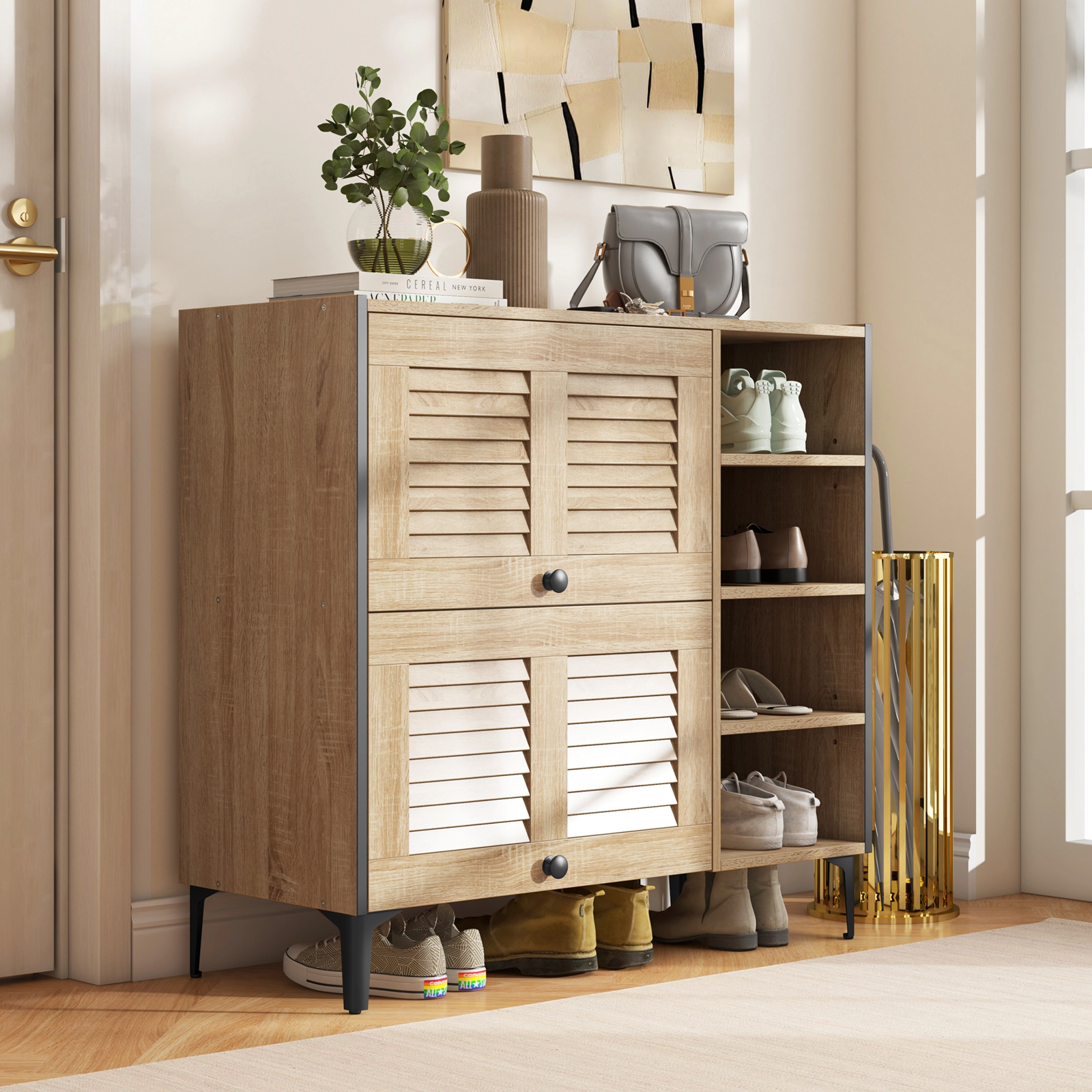 SUGIFT Oak 35.5-in Entryway Shoe Cabinet with 2 Flip-Up See-Through Doors and 4 Open Storage Shelves